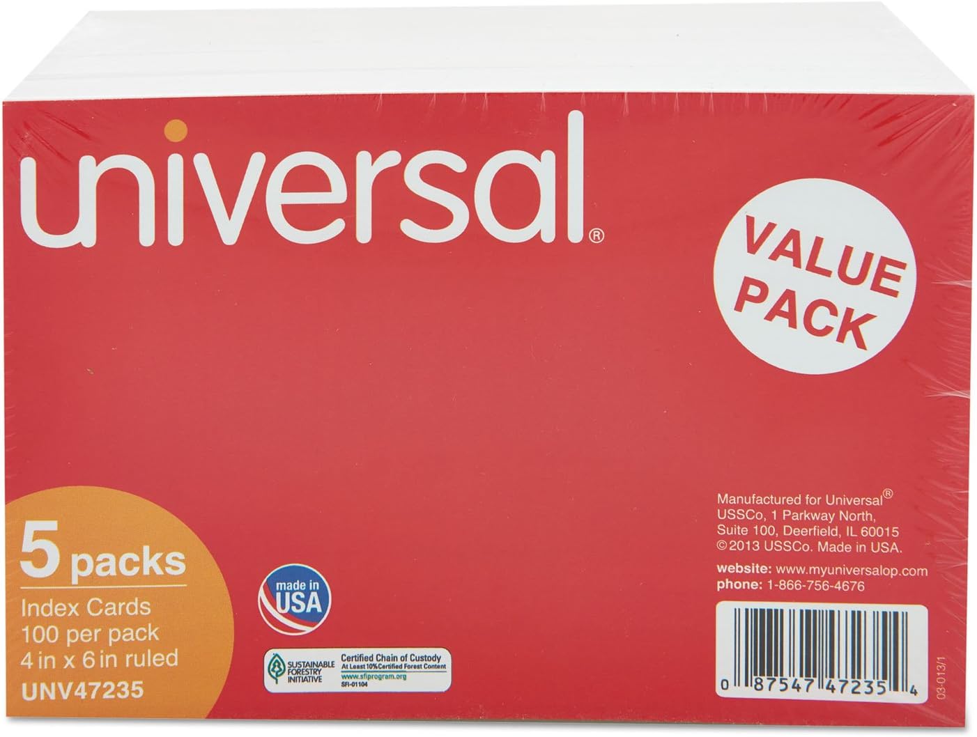 Universal 47235 Ruled Index Cards, 4 x 6, White, 500/Pack