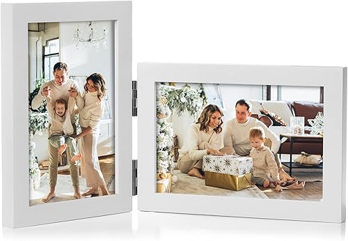 Miniatura 19 de Marco de Fotos de Madera Doble con Bisagras 5X7 Vertical y Horizontal en Veta de Madera Envejecida Estilo Granja, Muestra 4x6 con Paspartú o 5x7 sin