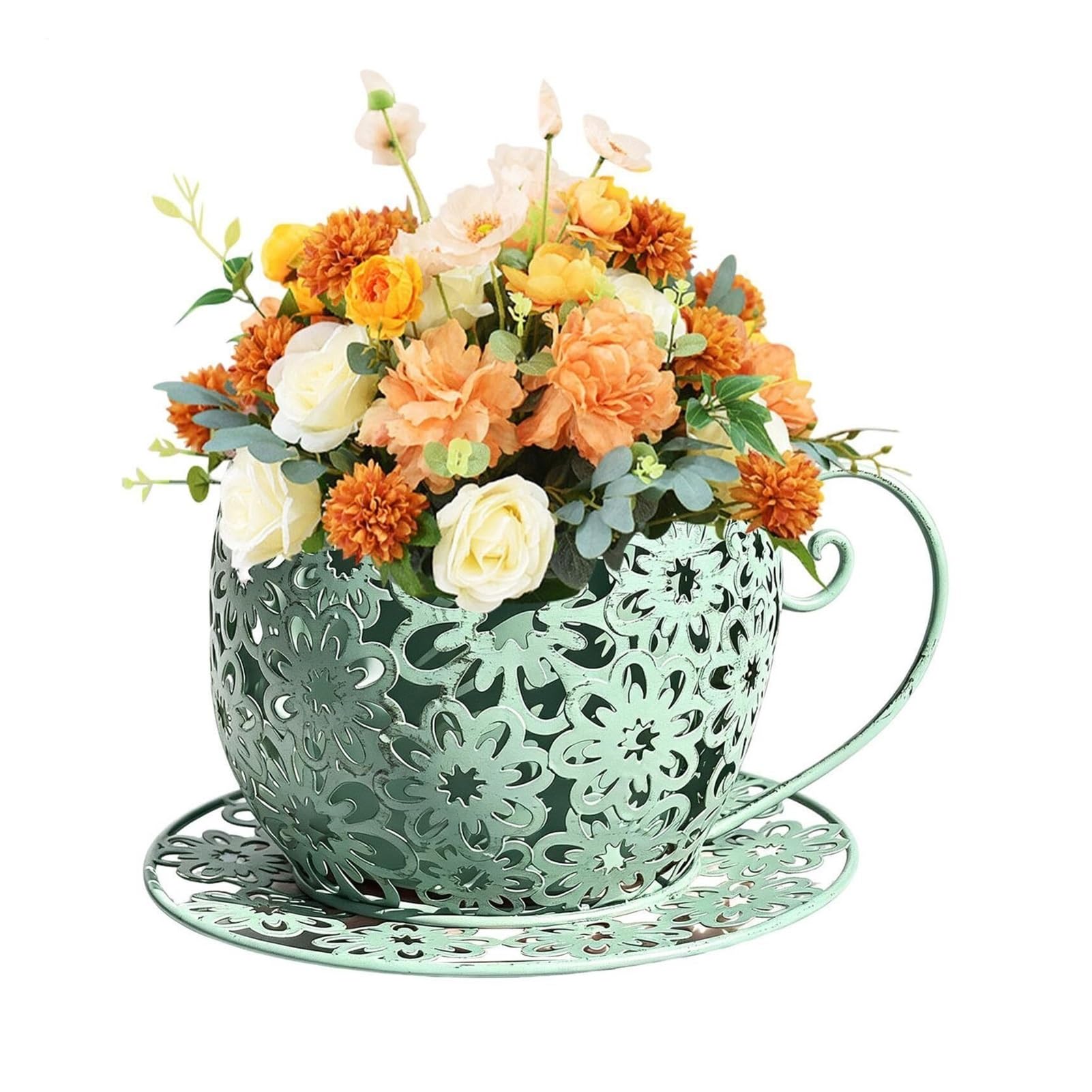 Teacup Iron Planter, Cute Hollow Flower Pot Indoor Outdoor Farmhouse Decor