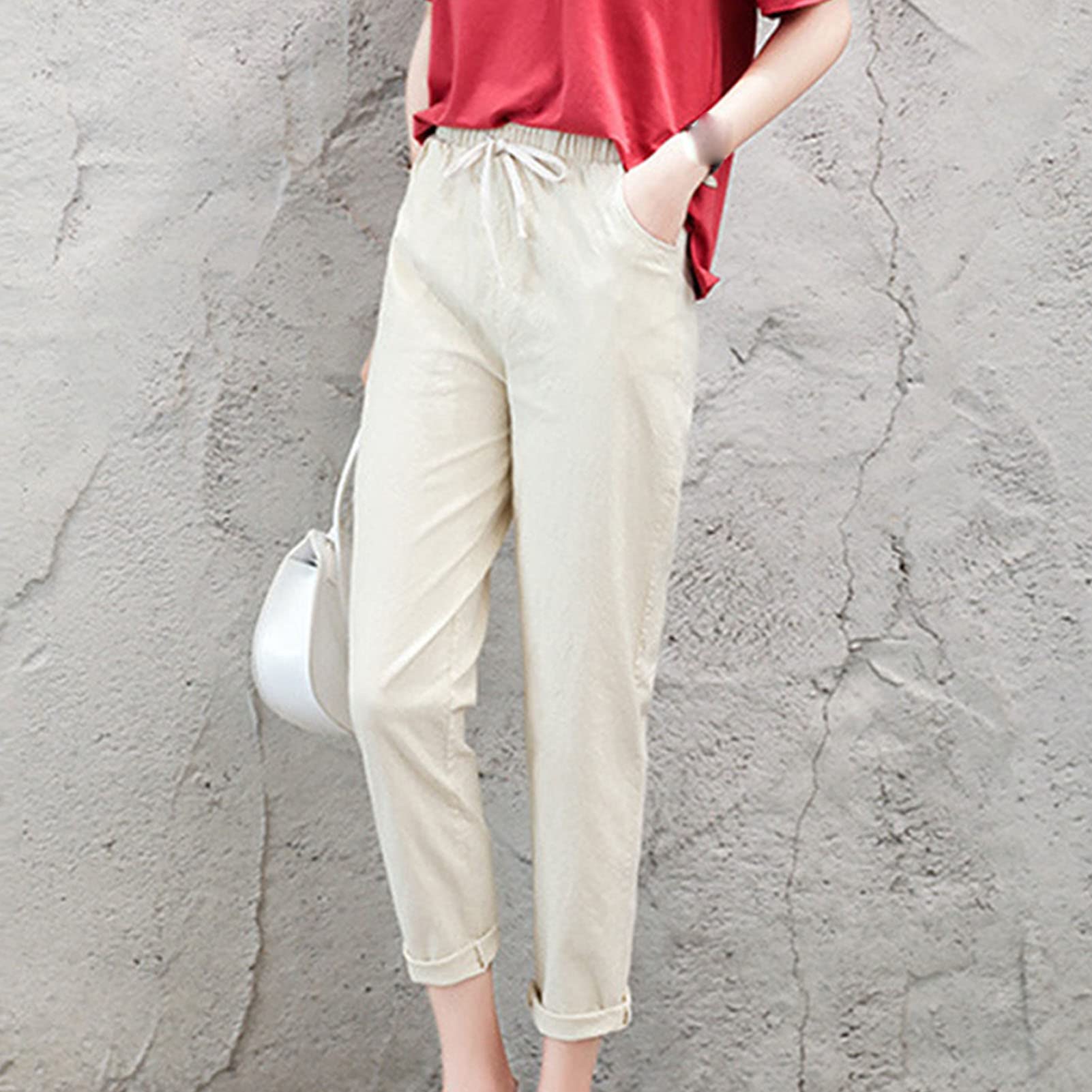 Maiyifu-GJ Women's Linen Drawstring Cropped Pants Summer Soft Casual Elastic Waist Trousers Tapered Cropped Pant with Pockets (Apricot,Medium)