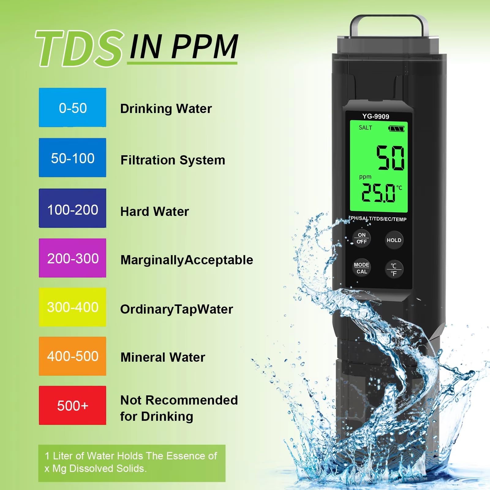 5 in 1 tester dell'acqua di Digital del misuratore di temperatura di salinità per l'ambiente portatile idroponico