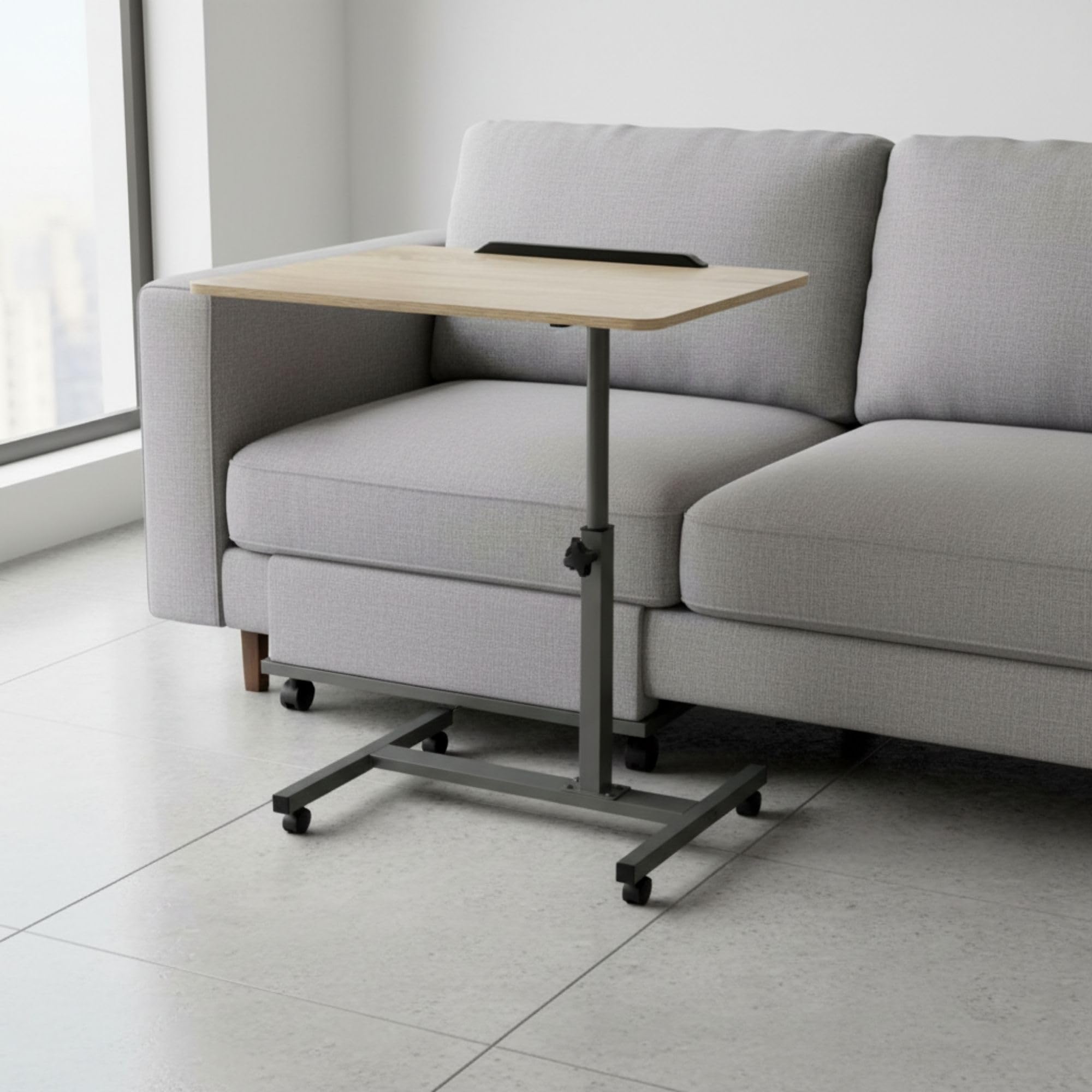 INDE MOBLEKIT | Mesa Auxiliar Regulable con Tablero Inclinable 60x40x59-89 cm, Escritorio con Ruedas para Sofá o Cama, Metal y Madera, Mesa Auxiliar con Altura Ajustable y Freno