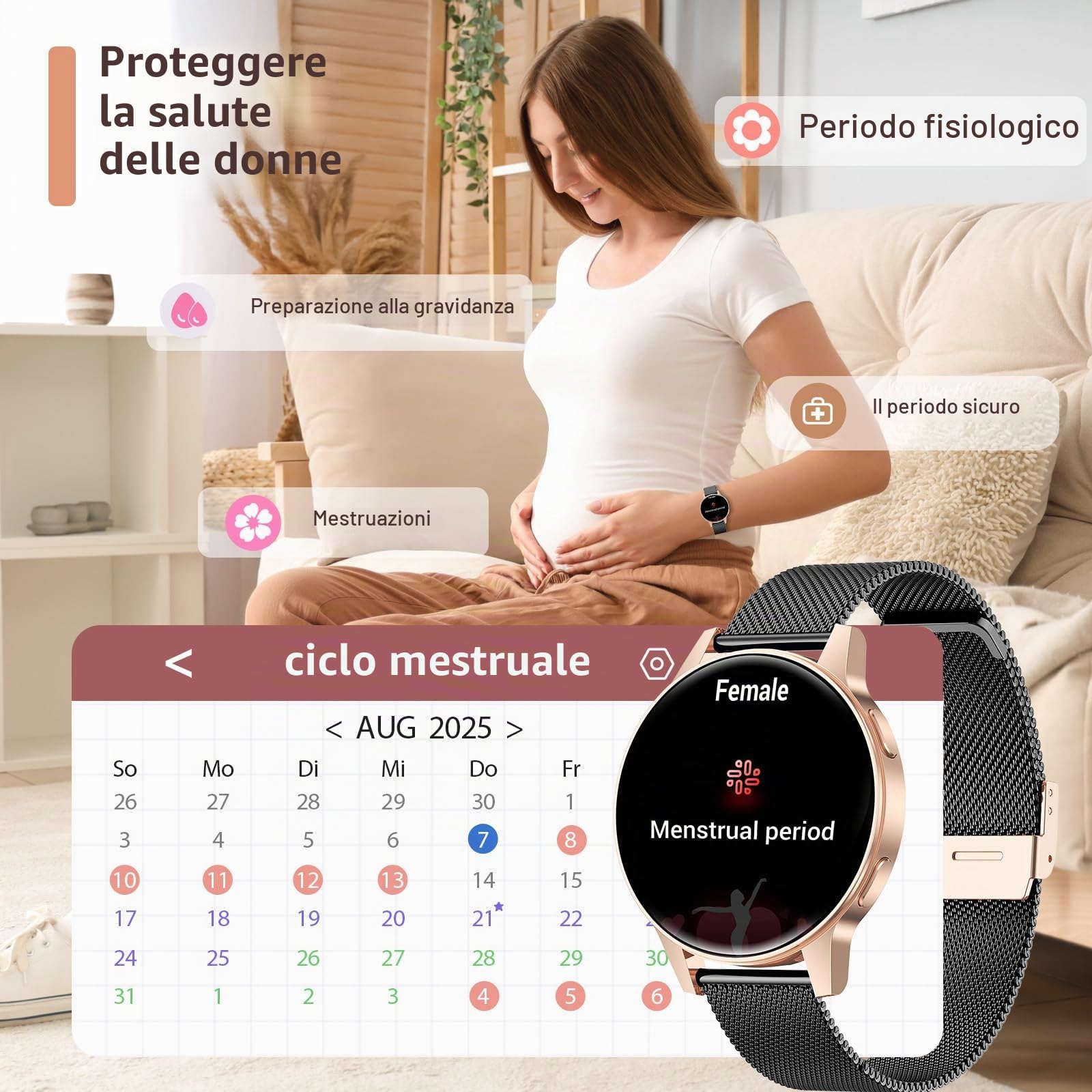 2025 Smartwatch Donna con SIRI/ET/HR, 1.27" TFT Orologio Donna con Chiamate Cardiofrequenzimetro Ciclo Mestruale IP68 24H Sonno Caloria Fitness Tracker per Android & iOS (Oro nero)