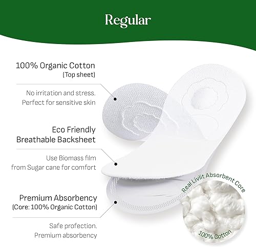 Miniatura 5 de Almohadillas sanitarias ultrafinas de tamaño regular, 100% algodón orgánico de Texas, potente protección contra fugas, sin perfume, sin cloro y