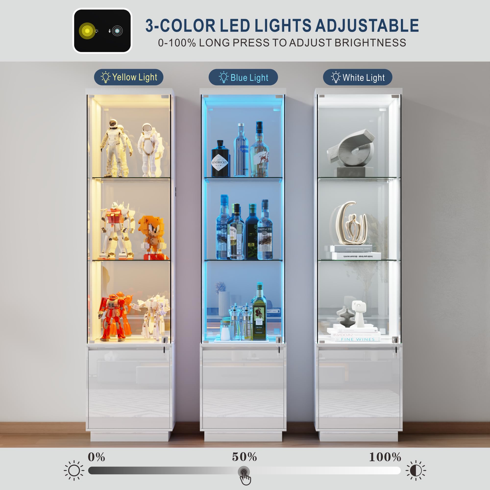 Gurexl Vitrine mit LED-Beleuchtung und Cabinet,Glasvitrine mit Körpersensor-System und Abschließbare Glastüren,Hochglanzfront Eckvitrine W400xD380xH1650mm,für Wohnzimmer, Büro, Bücher,Weiß