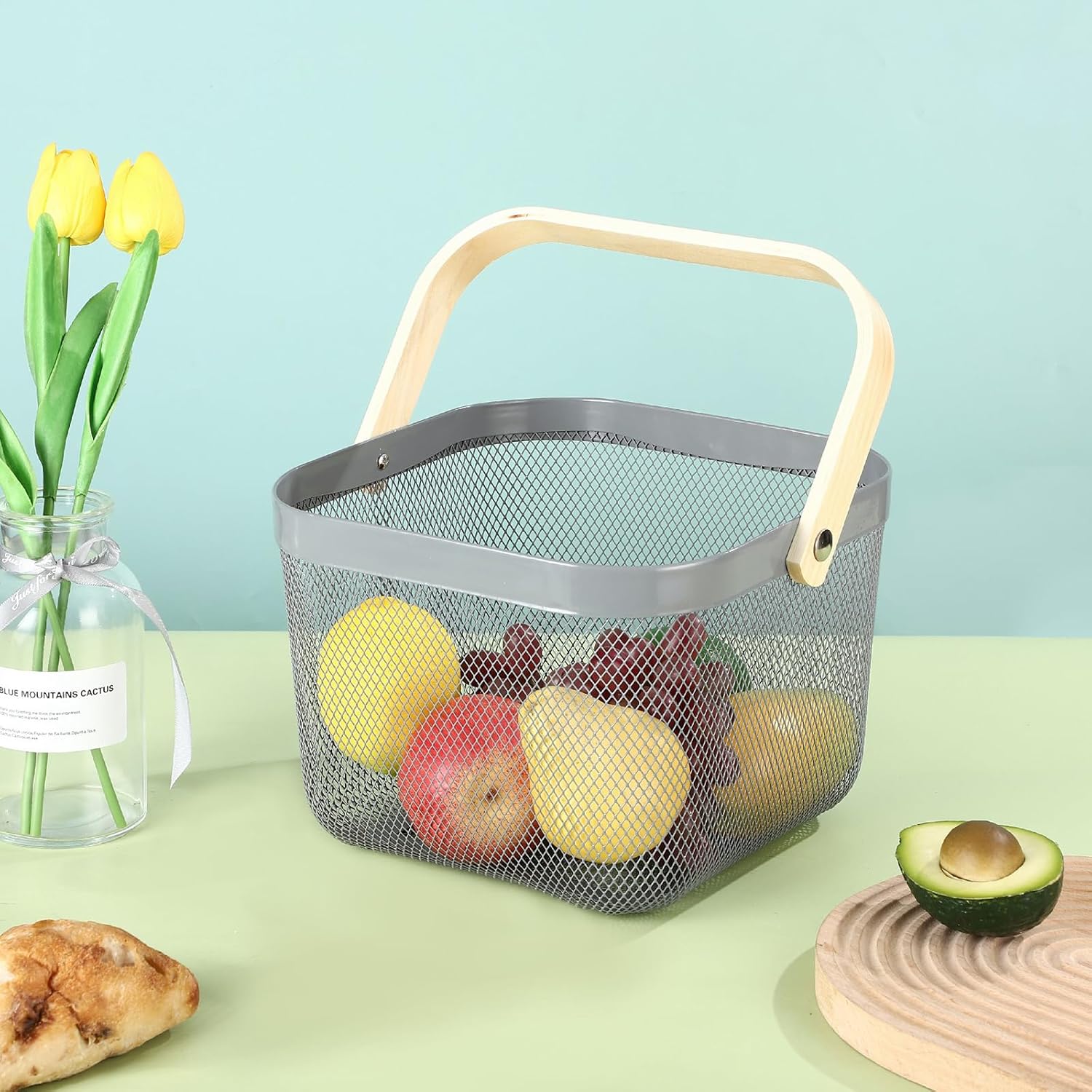 AJIODA Metal Mesh Steel Basket, Storage Organizer Basket Multi-functional Hanging Kitchen Baskets Fruit Basket with Wooden Handle for Kitchen Bathroom Picnic Shopping Decor Cabinet Home, Grey