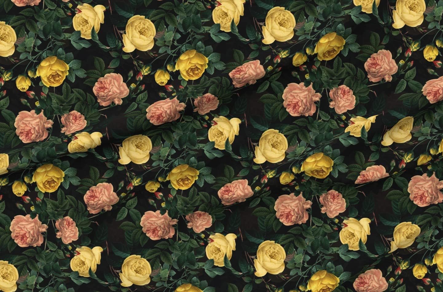 Spoonflower Fabric - Vintage Botanical Romantic Rosebud Victorian Cottage Black Printed on Petal Signature Cotton Fabric Fat Quarter - Sewing Quilting Apparel Crafts Decor