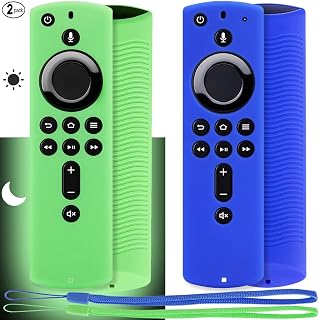Pinowu Firestick Remote Cover Case (2 Pack), Silicone Protective Case Compatible with Fire TV Stick 4K (2018) Alexa Voice Remote Control, Lightweight Anti Slip Shockproof (Green Glow& Blue Not Glow)