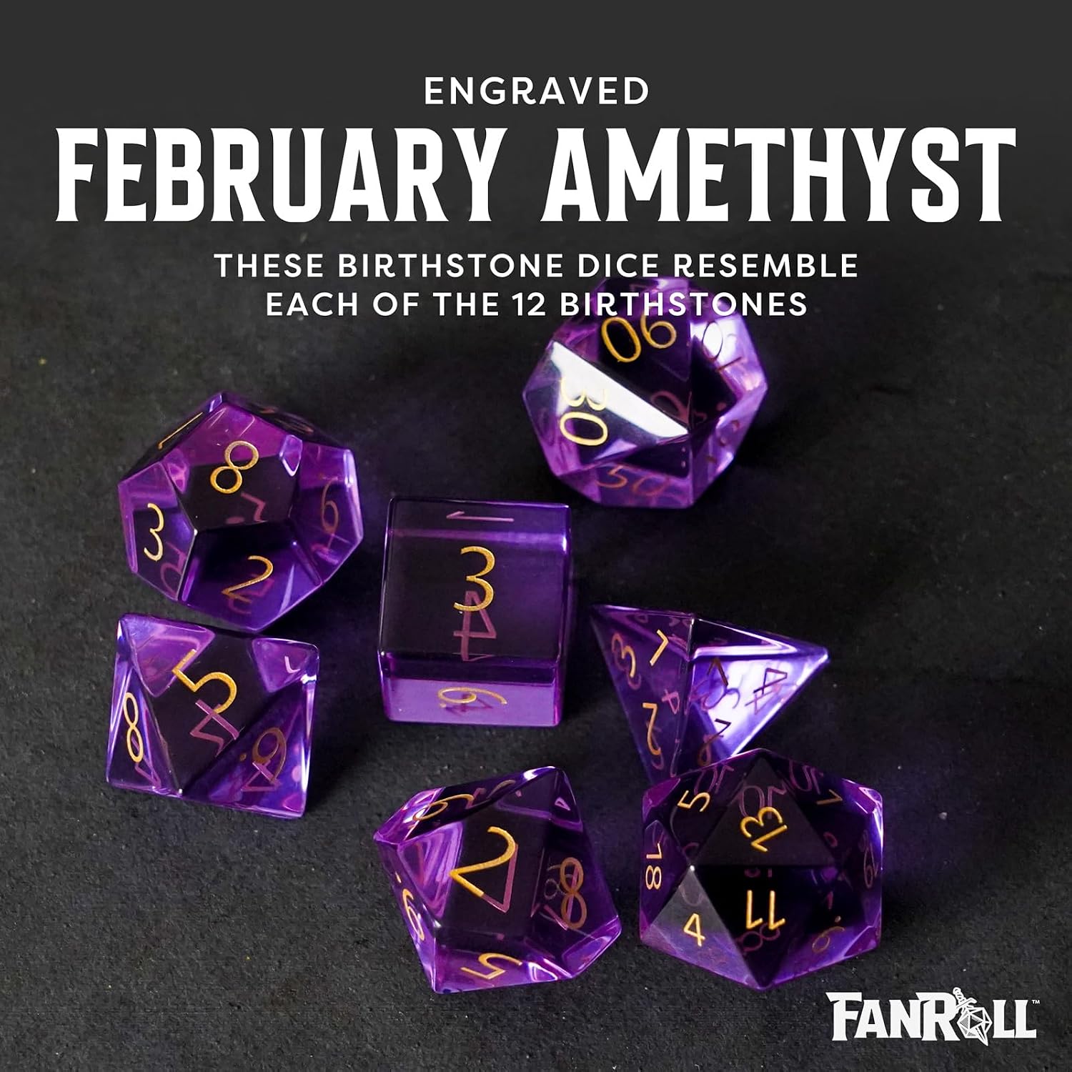 FanRoll 16mm Birthstone Stone Poly DND Dice Set: Engraved February Amethyst, Role Playing Game Dice for Dungeons and Dragons