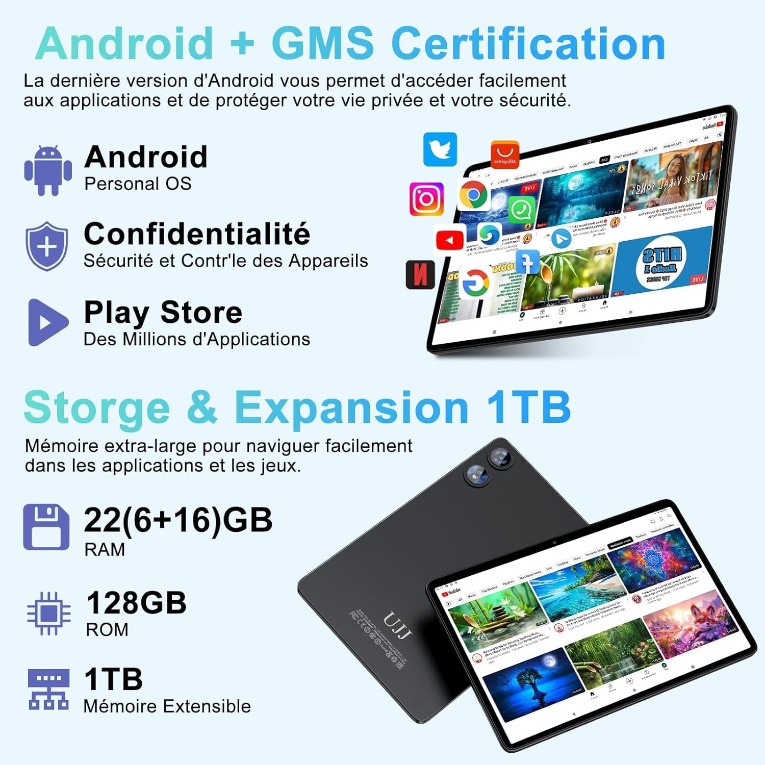 Tablet Android Tablet 10 pollici 22 GB RAM+128 GB ROM (espandibile 1T), Octa-Core 2.0 Ghz, WiFi 6/5G/2.4G, Widevine L1, 8000 mAh, 1080P, 5 MP + 8 MP, Bluetooth 5.0, Touch, Tastiera+Mouse e Caso-Nero