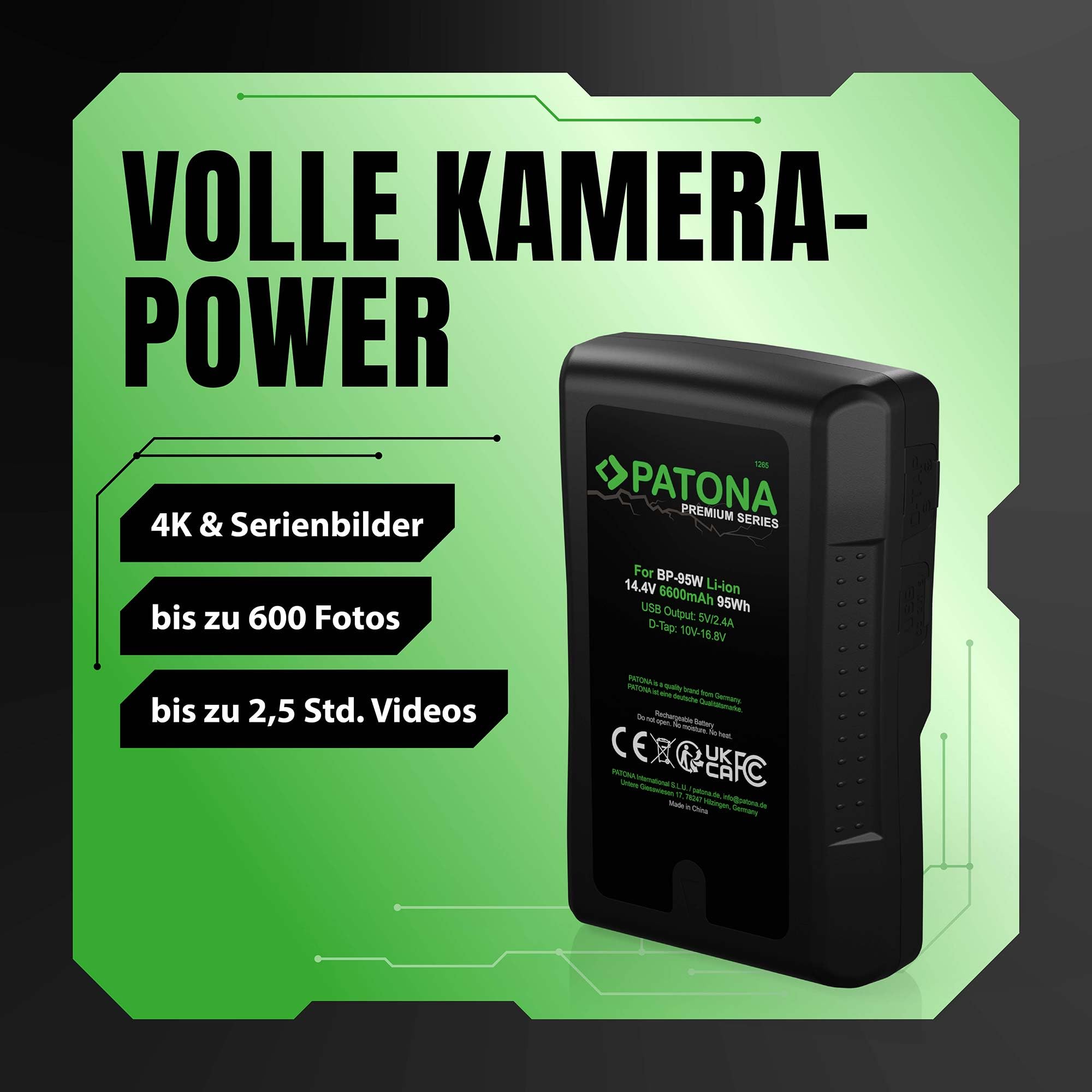 PATONA Premium BP-95W V-Mount Akku 6600mAh 95Wh 14,4V mit D-Tap & USB-Ausgang – für Sony Broadcast DSR-250P 600P 650P 652P, HDW-800P, PDW-850 – Dauerstrom für Drehs mit LED-Ladeanzeige