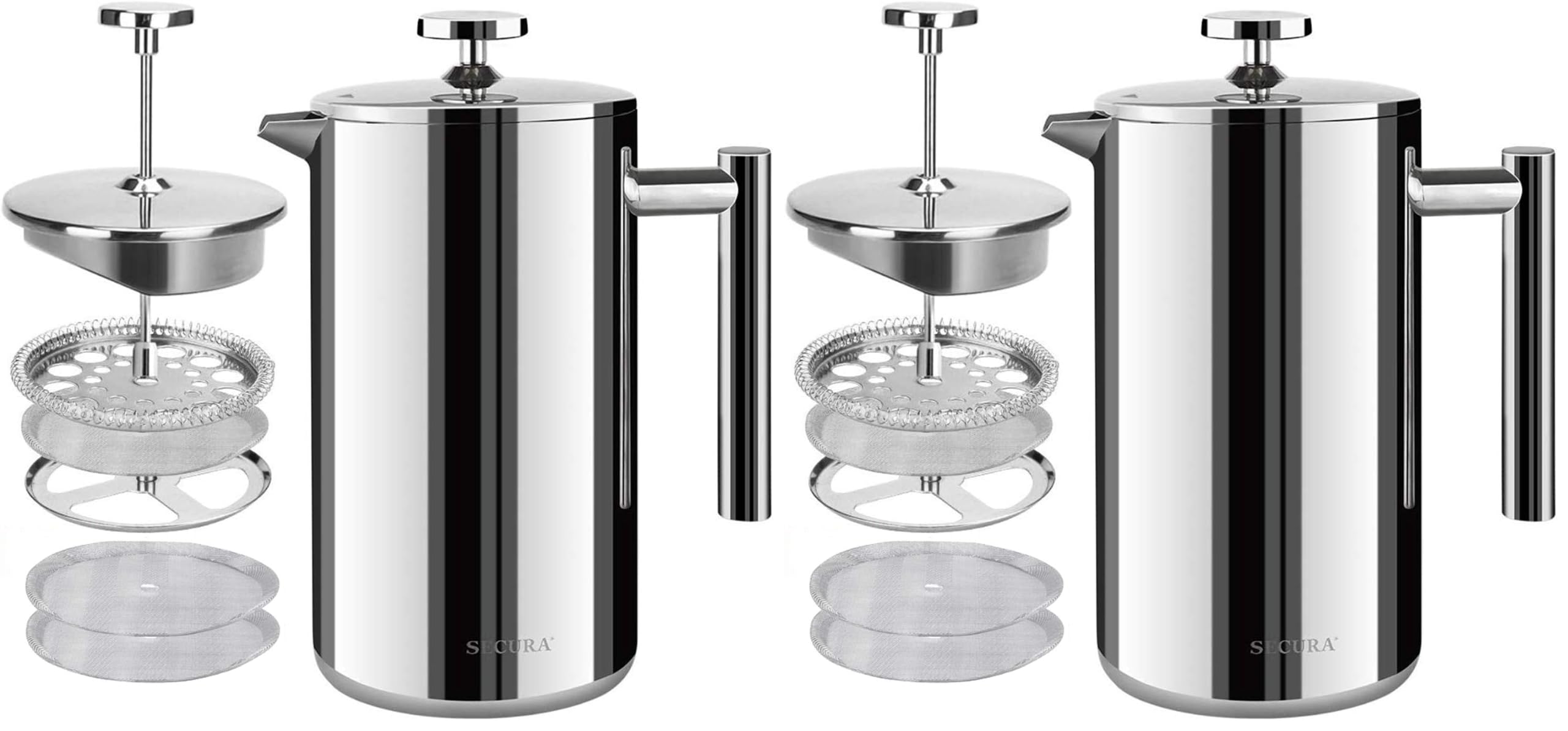 Secura French Press Coffee Maker, 304 Grade Stainless Steel Insulated Coffee Press with 2 Extra Screens, 50oz (1.5 Litre), Silver (Pack of 2)