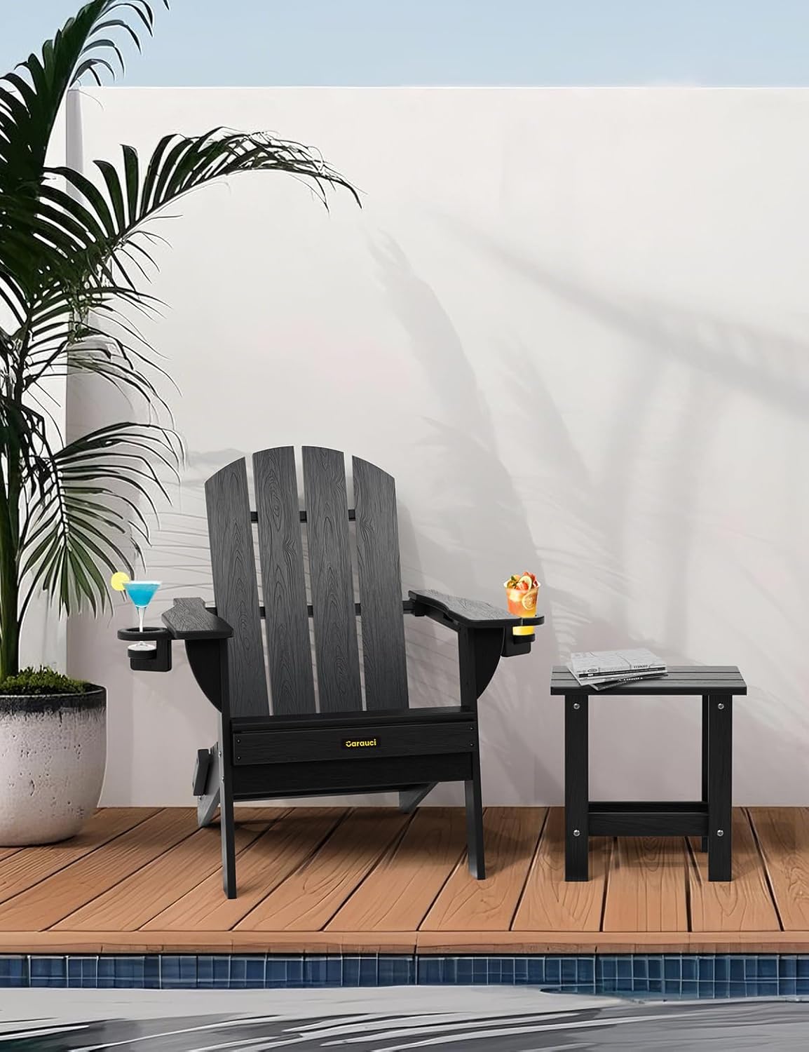 Folding Adirondack Chair, Wooden Textured Plastic Adirondack Chairs with 2 Cup Holder, Weather Resistant HDPE Fire Pit Chair, Outdoor Patio Chairs for Garden, Backyard, Lawn, Deck, 380LBS, Black - Image 6