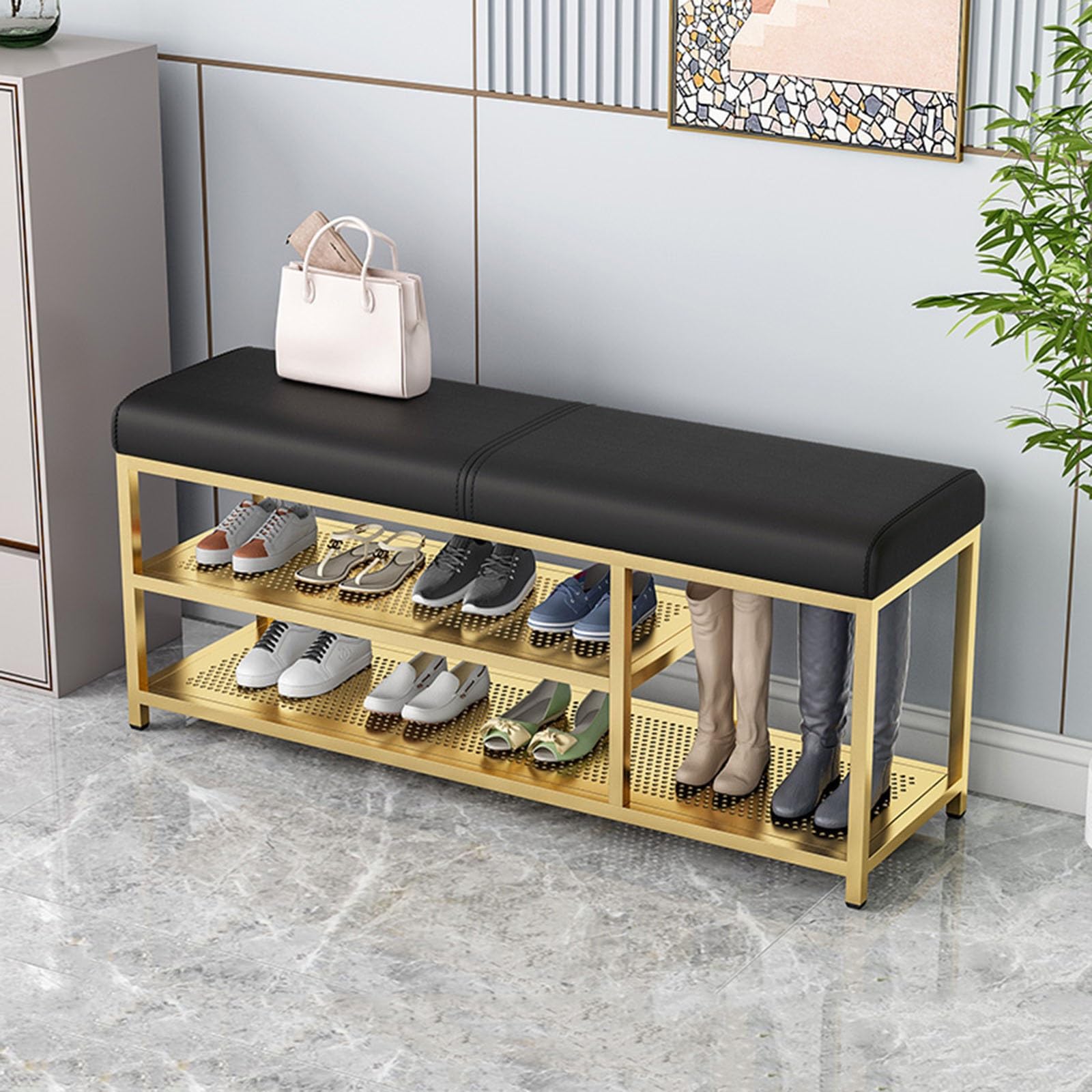 GDMDPTE Stylish Upholstered Shoe Rack Bench with PU Leather Cushion & Metal Legs – Elegant Shoe Storage nizer for Entryway Hallway Living Room (Black & Gold 100cm)