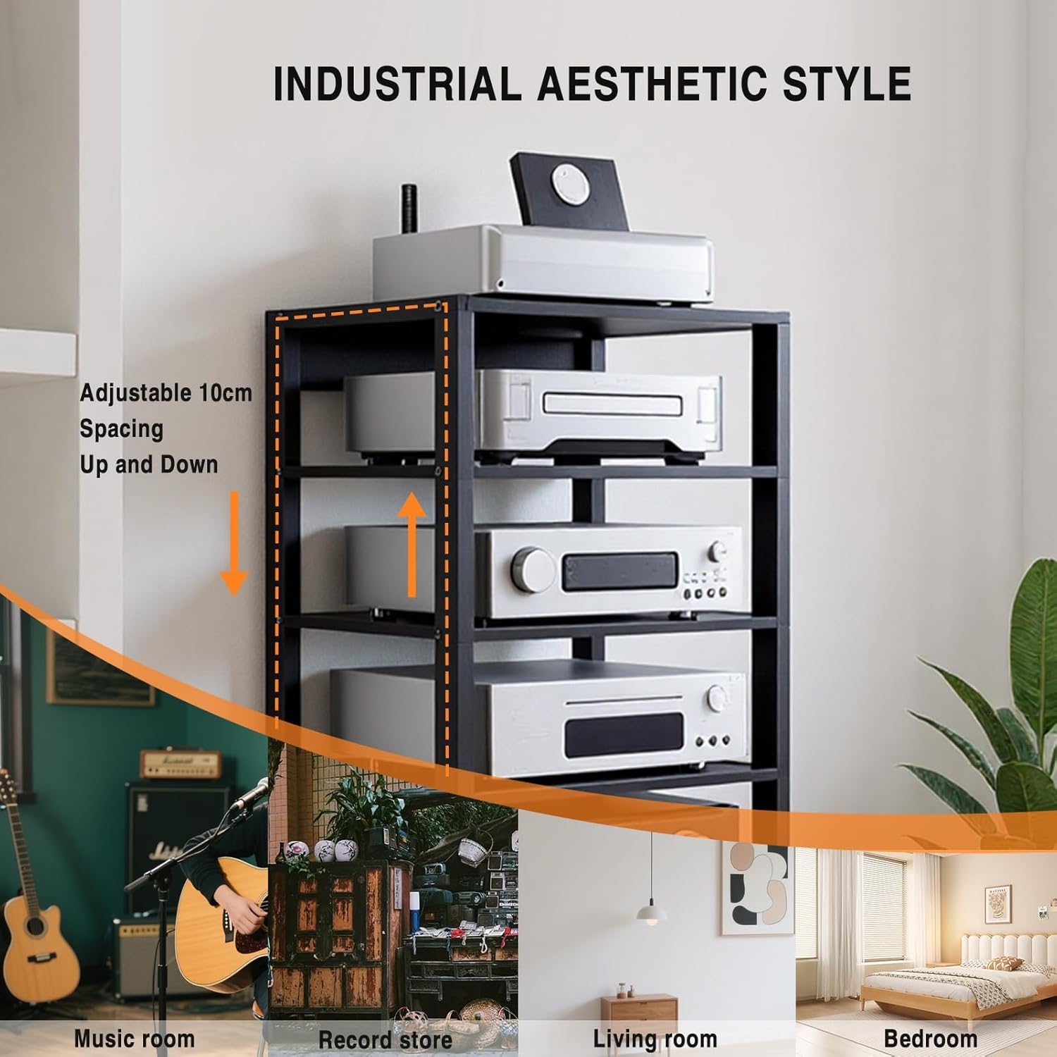 7-Tier Audio-Video Shelving, Adjustable Stereo Rack and Audio Cabinet with Wheels, Stainless Steel, Standing Stereo Display Rack for Office, Home, Living Room