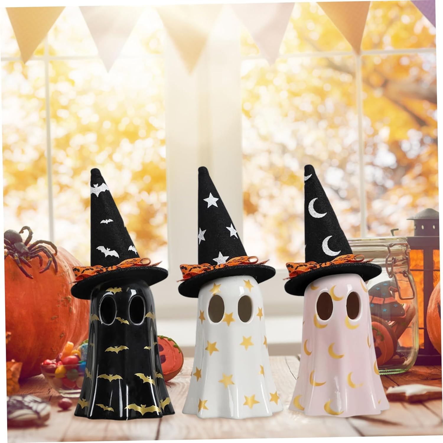 Halloween Decorations Ceramic Ghost Decor 3PCS Light up Cute Ghost Figurine with Witch Hat Spooky Home Decor for Mantel Shelf & Tabletop