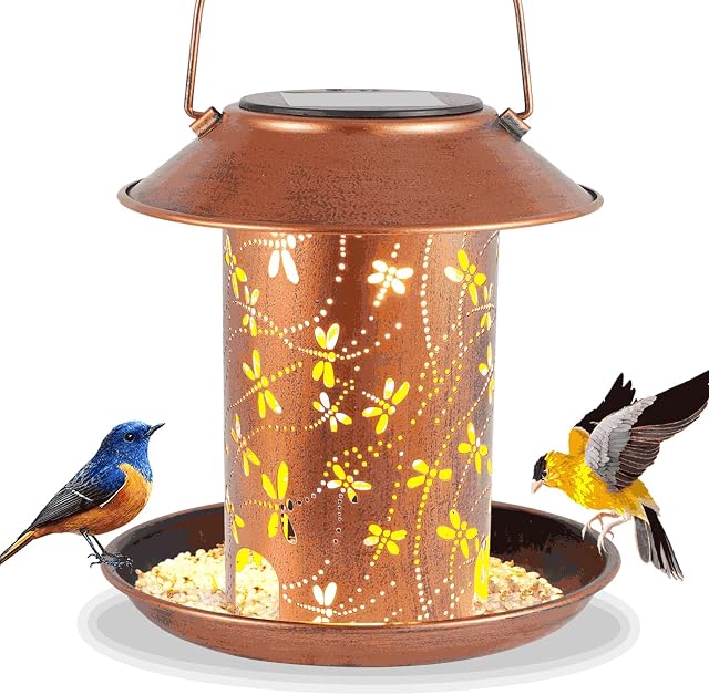 Solar Bird Feeder with LED Lantern, Dragonfly Pattern, Metal, Waterproof, Hanging Design, 2 lbs Capacity, 6.3 x 6.3 inches,
