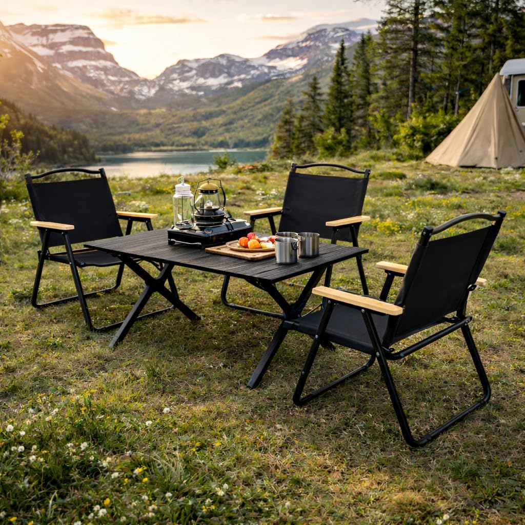 Camping Tisch mit 4 Stühlen Set – 120x60 cm Klapptisch faltbar, 4X Campingstuhl klappbar, Stahlrahmen & Oxford-Gewebe – Outdoor Möbel Set für Camping, Vanlife, Garten, Festival
