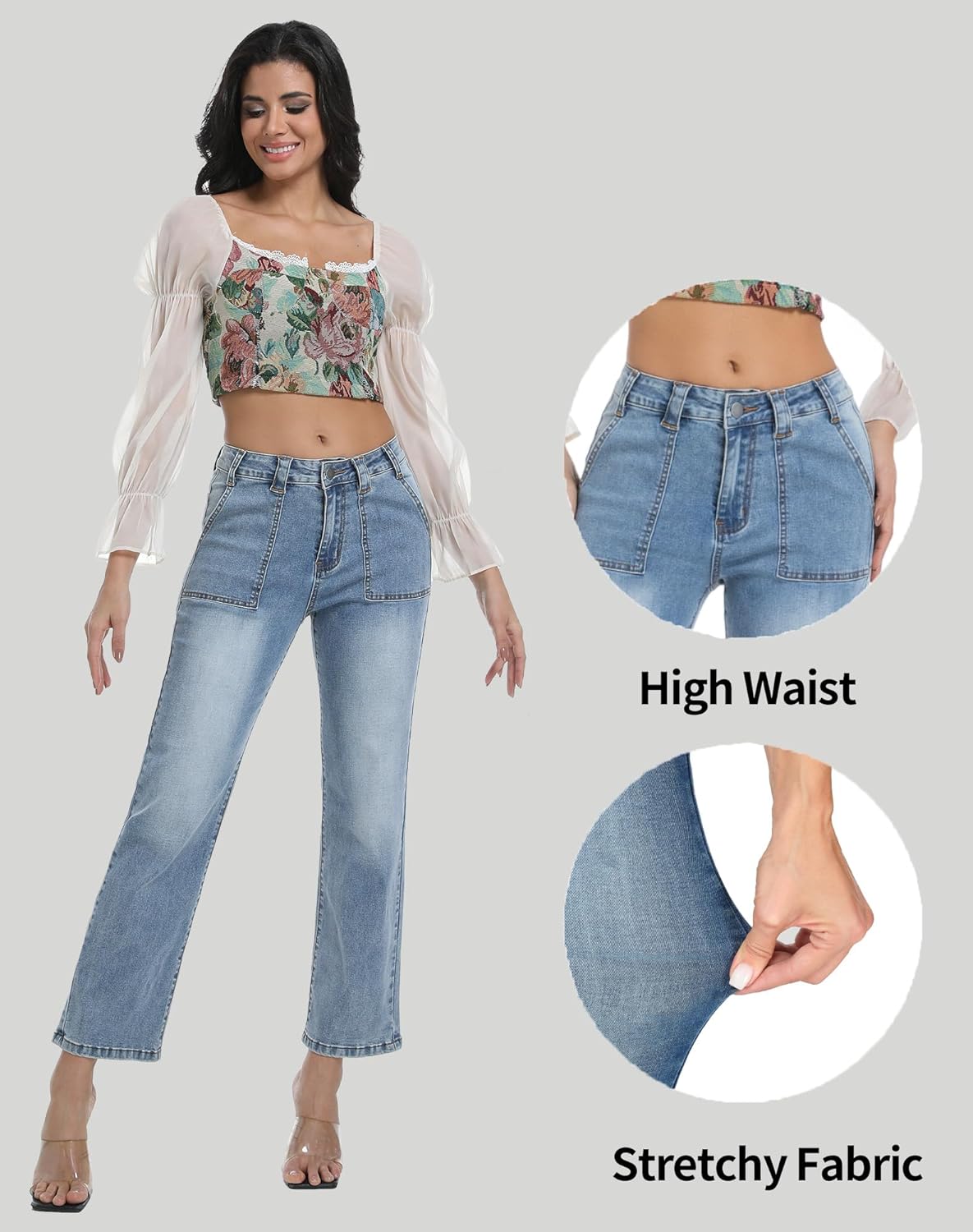 Women's Straight Leg Petite Jeans High Waisted Stretchy Cropped Denim Ankle Pants - Image 5