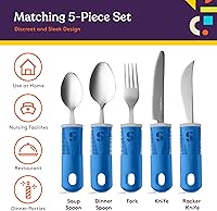 Vista 4 de Special Supplies Utensilios adaptativos (juego de cocina de 5 piezas) anchos, sin peso, asas antideslizantes para temblores de manos, artritis