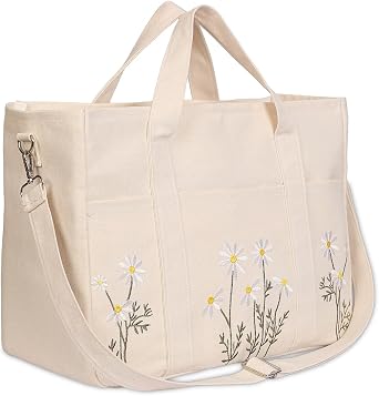 Canvas Tote Bag for Women, Multi-Pockets Work Bag, Reusable Shoulder Bag for Travel Gym Shopping | Multiple pockets