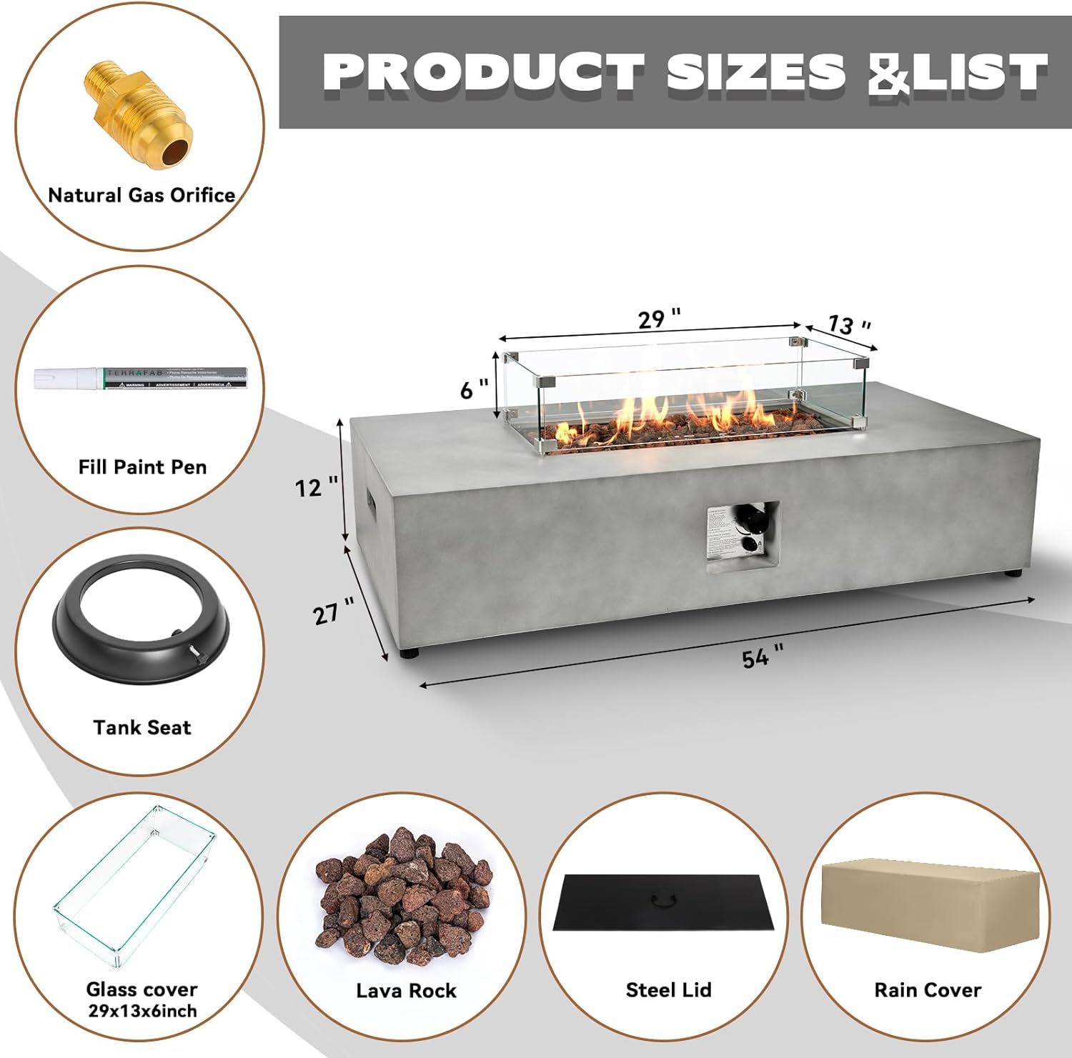 2-Piece 54" Outdoor Propane Fire Pit Table Set, 50,000 BTU Rectangle Concrete Gas Fire Pit Coffee Table W Glass Wind Guard, Lava Rocks, Waterproof Cover for Patio, Backyard, Garden, Porch, Deck