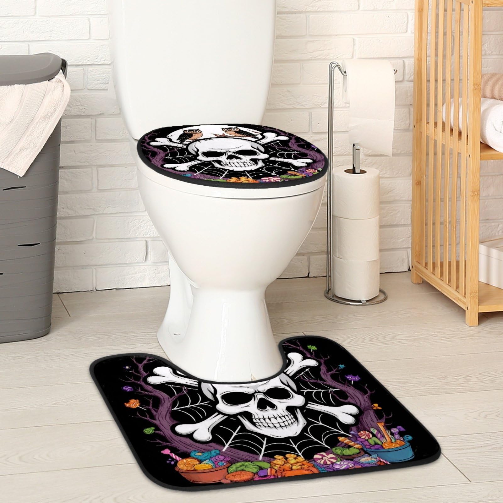 2 Pieces Flannel Toilet Contour Mat and Toilet Lid Cover, Soft Toilet Lid Cover Set Machine Washable Non Slip Contour Mat for Bathroom Decor Accessories