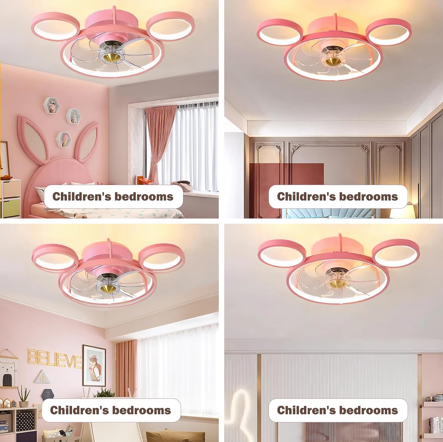 Pink Round Ceiling Fans with Lights Cartoon Mouse Fan Ceiling Light Cute Girl's Room Light for Kids Room with Remote Ceiling Fan Children's Room Living Bedroom Accessories