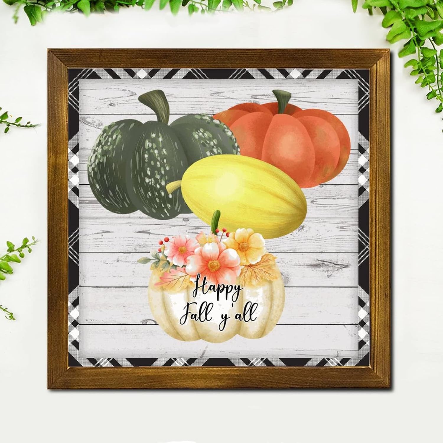 Happy Fall Y'all Wood Framed Sign Pumpkin Sunflower Maple Leaves Wall Art Signs Retro Farm Harvest Wood Wall Hanging Decoration for Indoor Holiday Home Classroom Office 12x12 inch