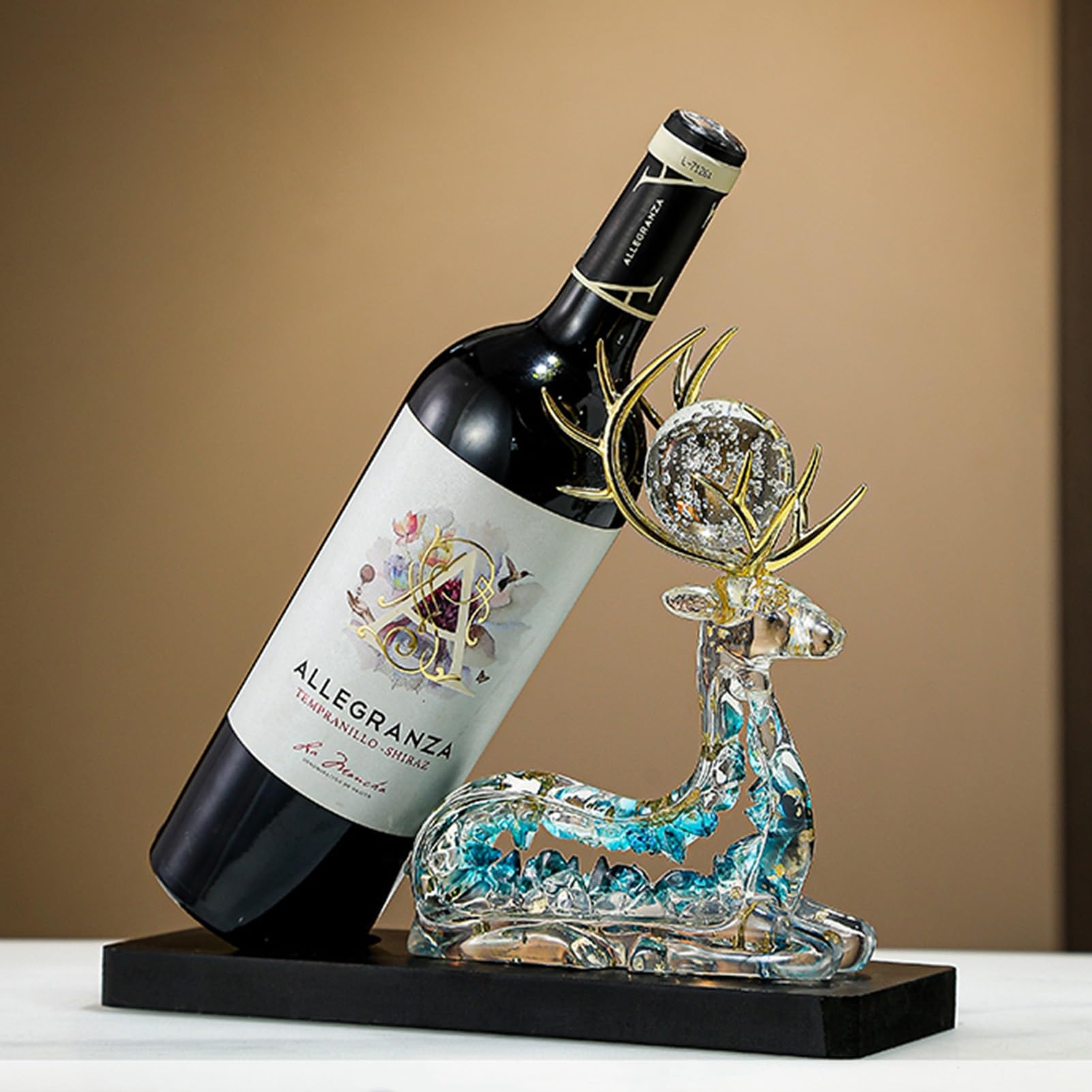 Stojak na wino stojak ekspozycyjny z rzeźbą chińskiego jelenia, mobilny stojak na butelki wina z żywicy, wolnostojący organizer na kieliszki do wina, przechowywanie stołowe do kuchni/baru lub blatu (b