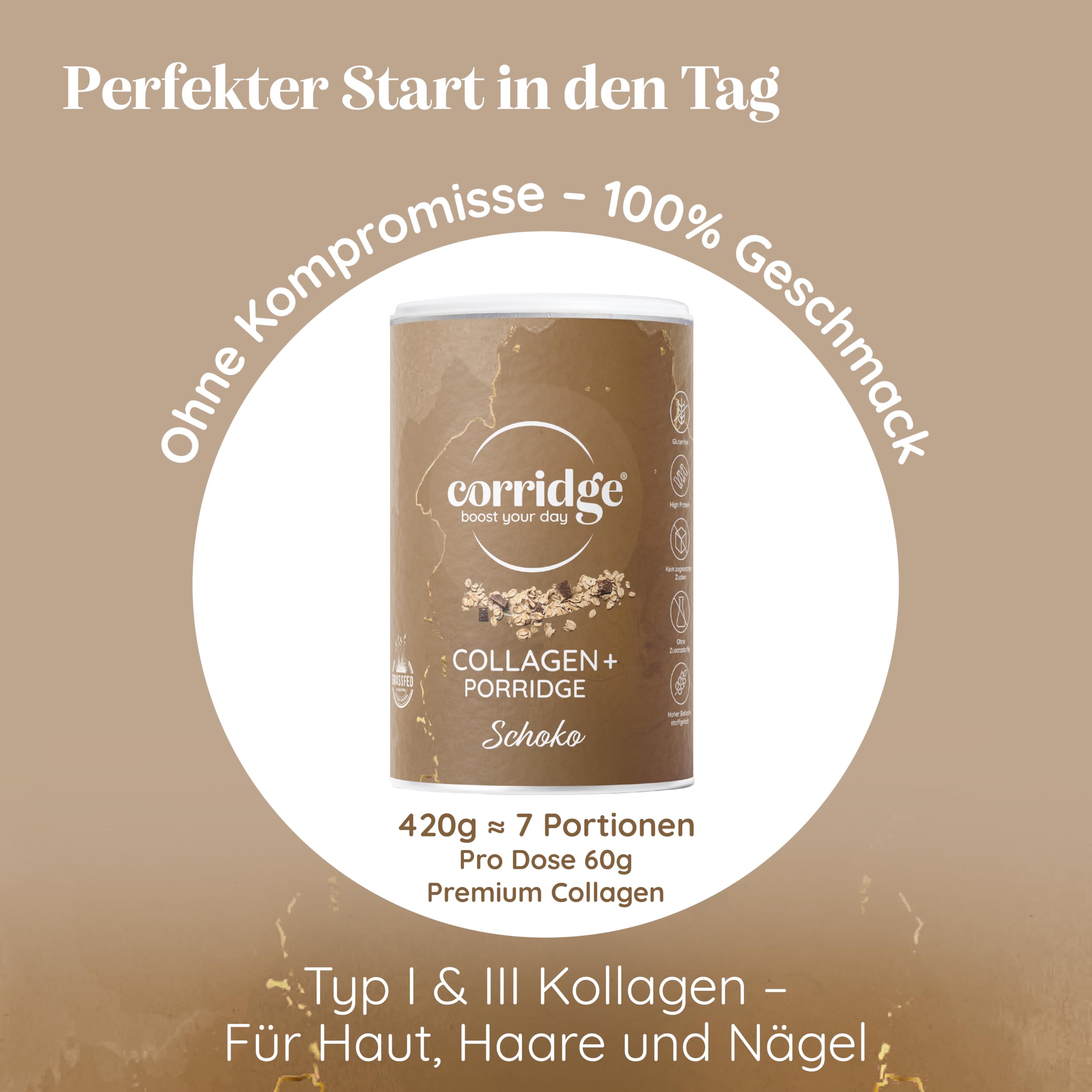 Corridge - 3x High Protein Porridge mit Kollagen & Schokogeschmack 420g - Proteinreiches Frühstück - Haferflocken Glutenfrei, Laktosefrei & ohne Zuckerzusatz - Collagen Typ 1 & 3 Haut, Haare, Nägel