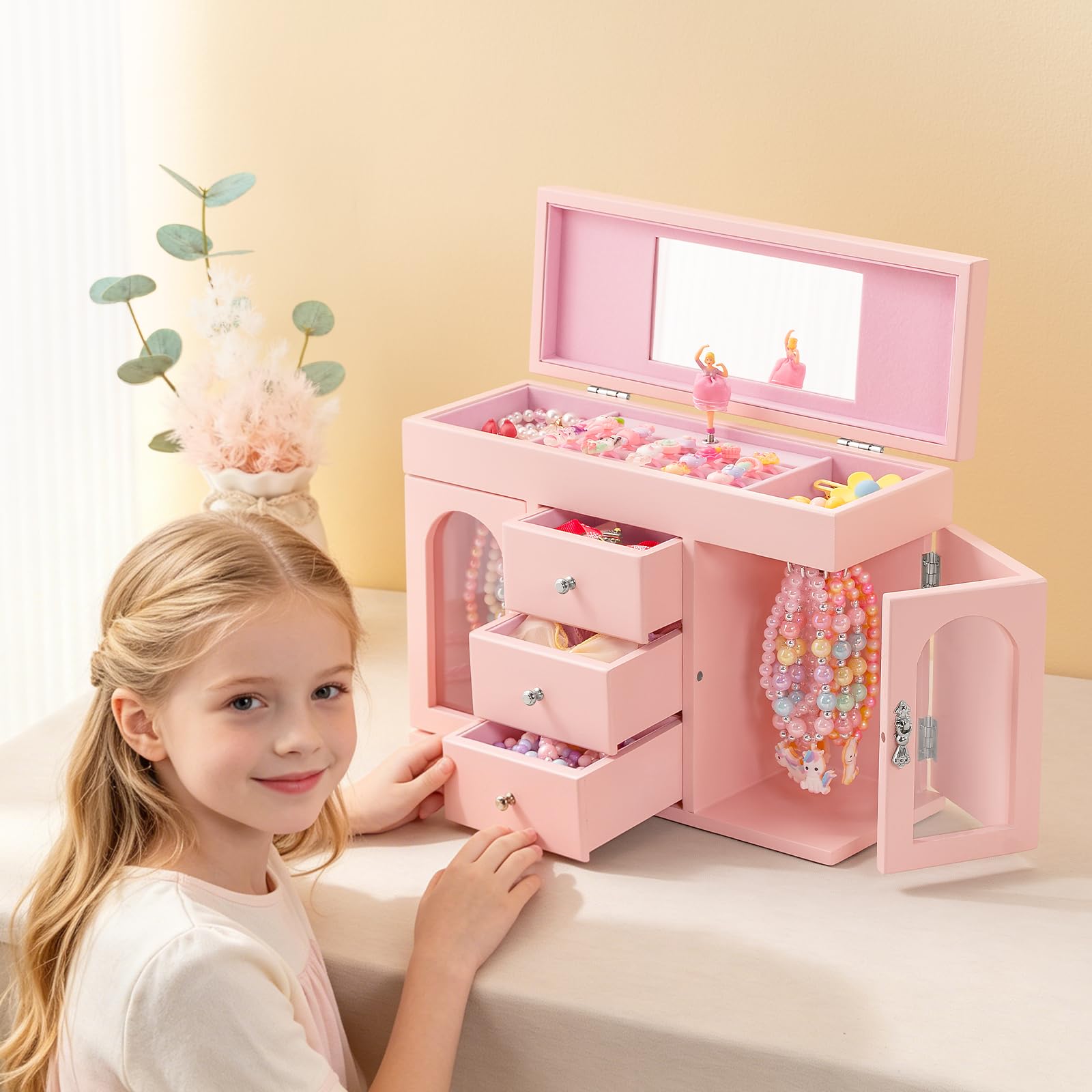 Musik-Schmuckkästchen für Mädchen aus Holz mit Ballerina & Spiegel, Schmuckaufbewahrung mit Schubladen & Seitentüren, Rosa Schmuckschatulle als Geschenk für Geburtstag & Weihnachten