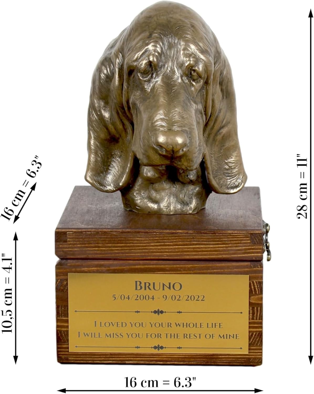 Art-Dog Handmade Custom Dog Memorial Urn - Cold Cast Bronze Dog Head on Birch Base – Long-Lasting Personalized Dog Cremation Box – 16x28x16cm – Basset Hound