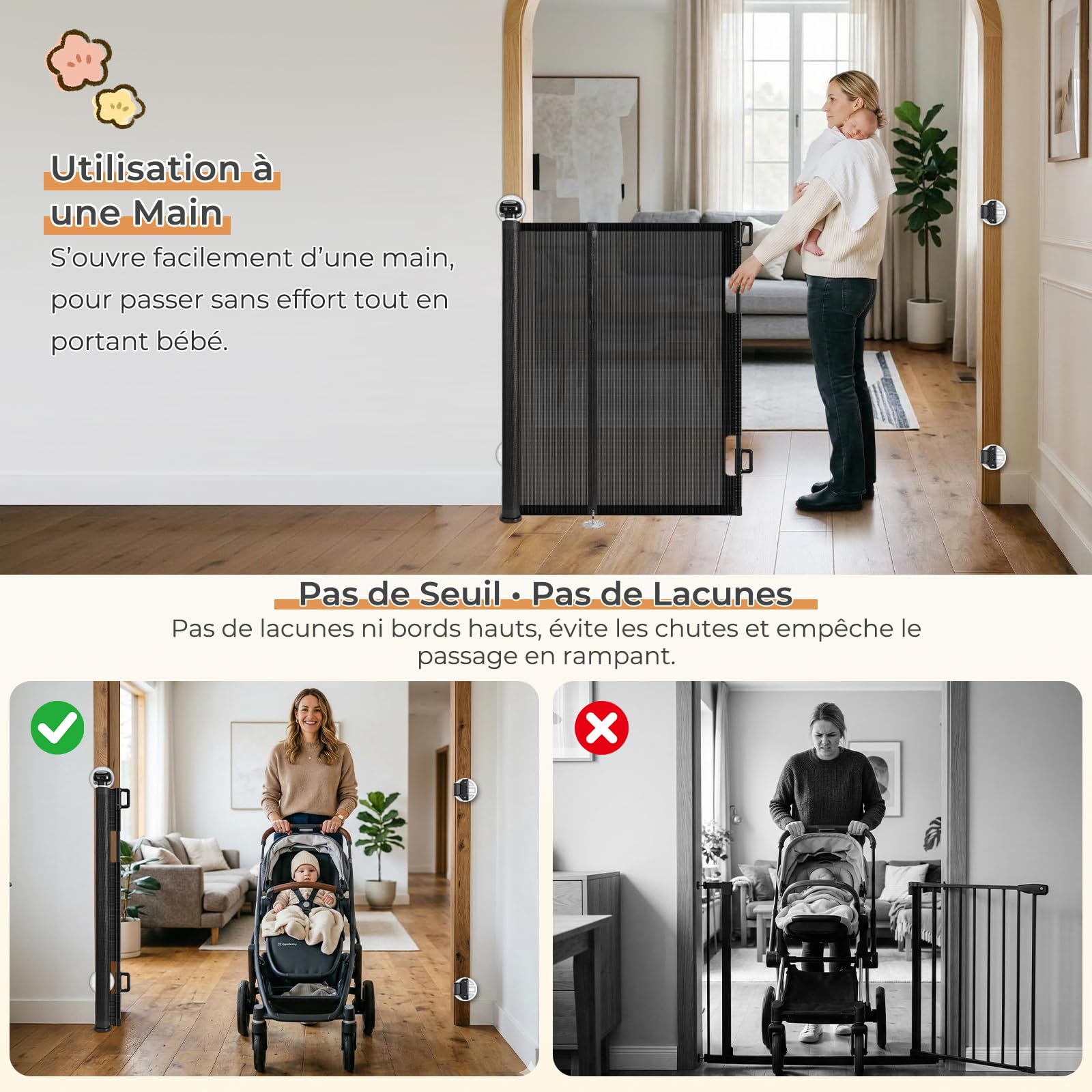 Ycozy Barriere de Securite Enfant sans Perçage 0 à 150cm, Rétractable Barriere de Securite Chien avec Barres Renforcées Empêcher Barriere Escalier Enroulable pour Escaliers, Intérieur et Extérieur