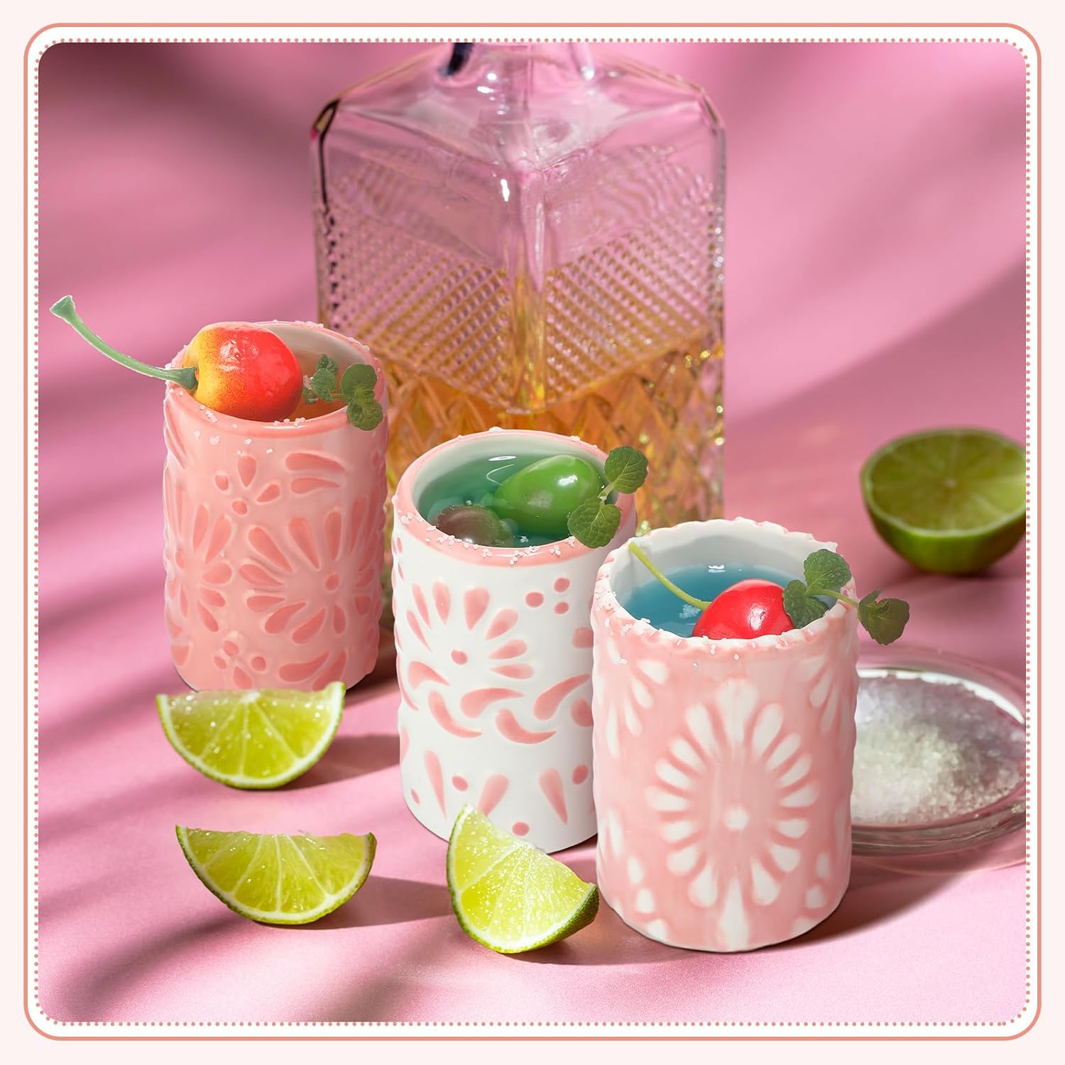 Roshtia 6 Pcs Talavera Shot Glasses, Ceramic Mexican Drinking Glasses, 2 Oz, Decorative Shot Glasses with Heavy Base for Bachelorette Party, Western Themed Party, Fiesta Supplies