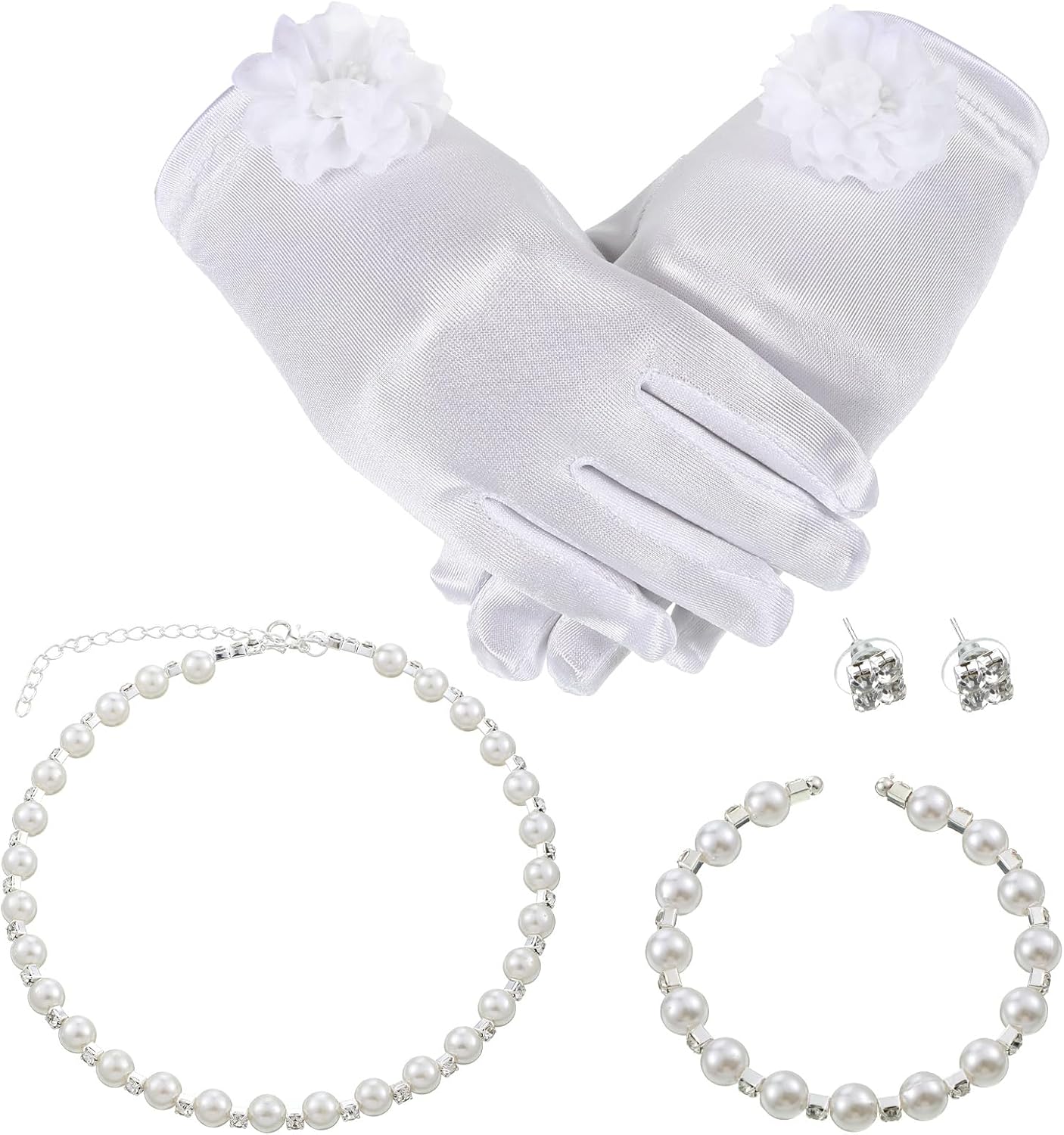 4pcs White Gloves Pearl Necklace Sets for First Communion, Pearl Jewelry Set for Christmas Tea Party Wedding New Year Gifts Halloween Costume Princess Cosplay