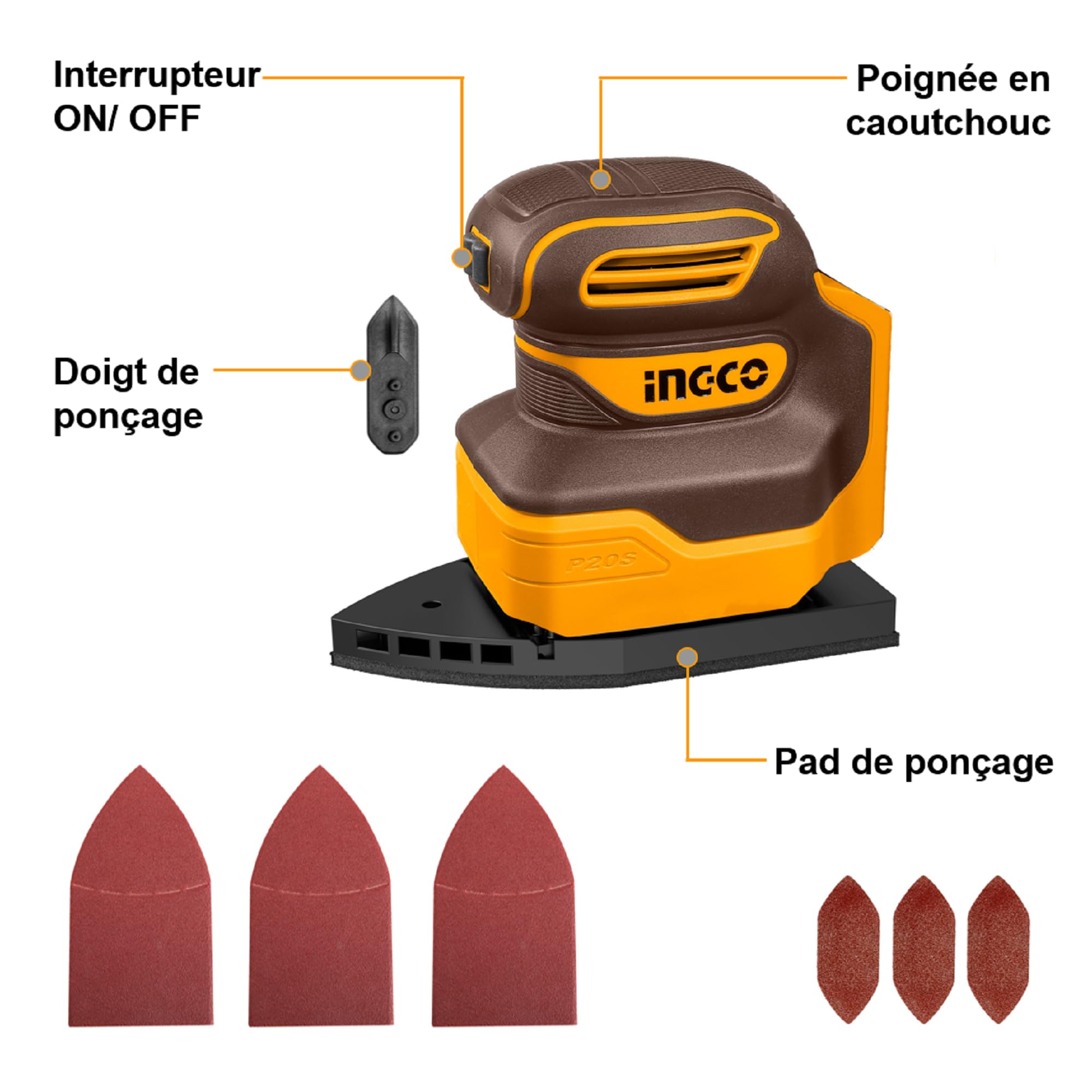 INGCO Ponceuses de Détail Mouse sans Fil (Produit Seul) 20V, Électrique Parfaite 12000 tr/min CPSLI2014