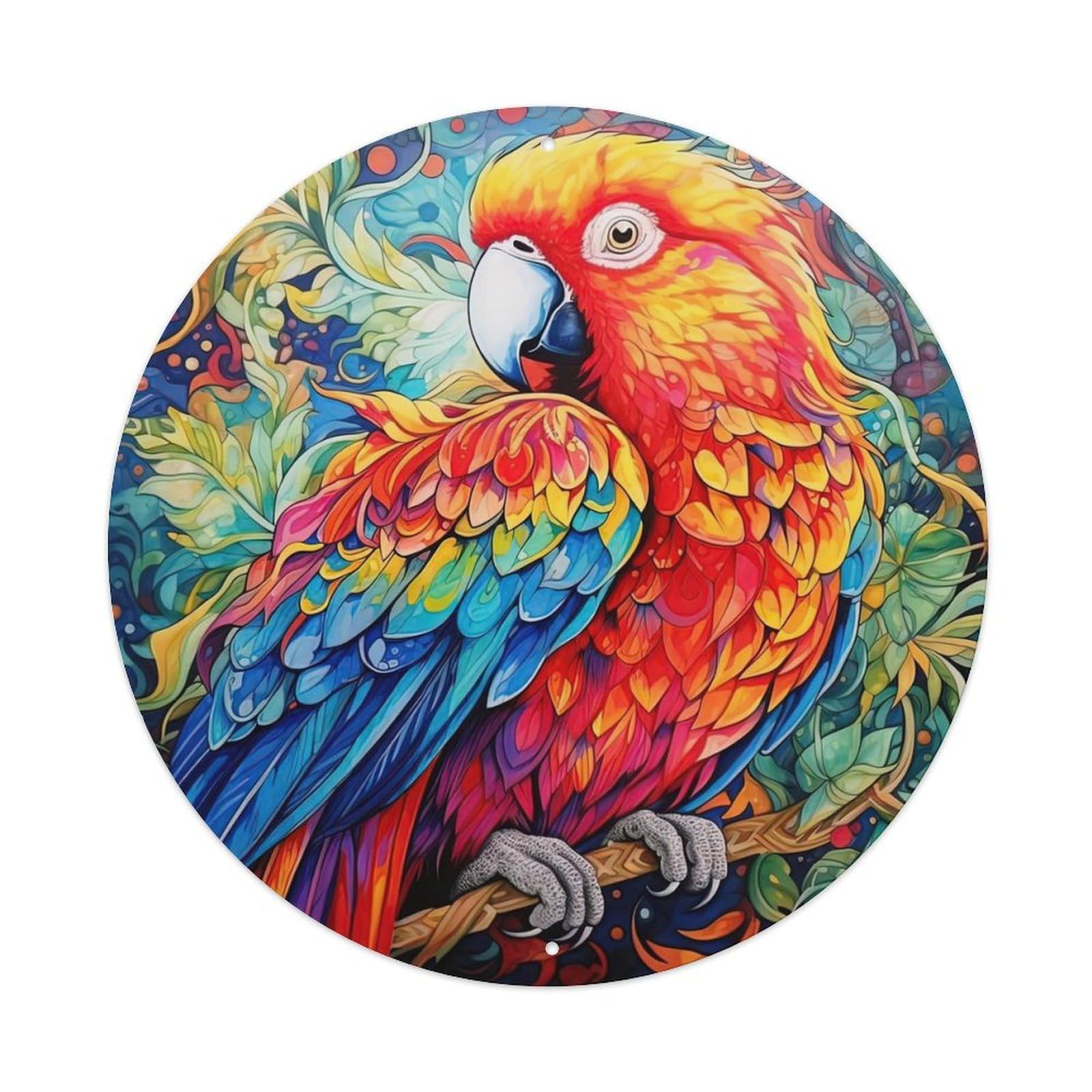 Animal Artwork Poster Parrot on The Branch Vintage Metal Tin Sign Plaque Wall Decor for Cafe, Club, Garden Round Metal Poster 8x8Inch
