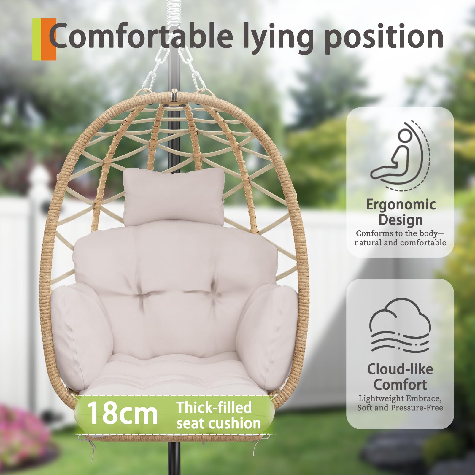 Hängesessel mit Gestell, Hängekorb Sessel mit Fußablage und Dicke Kissen, Outdoor oder Indoor Rattan Hängesessel, Möbel für Garten, Balkon, Wohnzimmer, Belastbar bis 150kg (Gray)