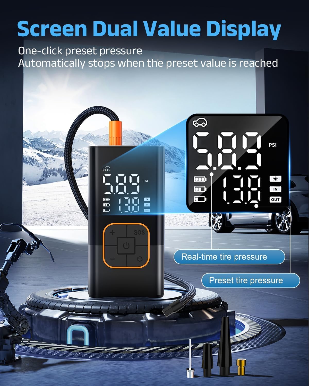 Tyre Inflator Air Compressor, Cordless Electric Car Tyre Pump & Bike Pump with Dual Values Display, Digital Pressure Gauge 150 PSI, LED Light, Portable Tyre Inflator for Car/Bicycle/Motocycle/Ball — view 5