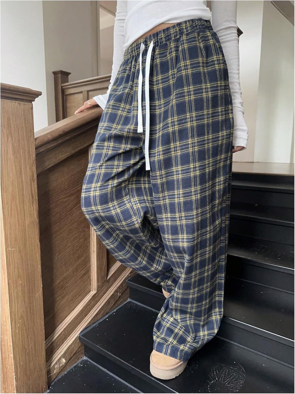 MakeMeChic Women's Plaid Wide Leg Pajama Pants Elastic Waist Long Trousers Loungewear - Image 2