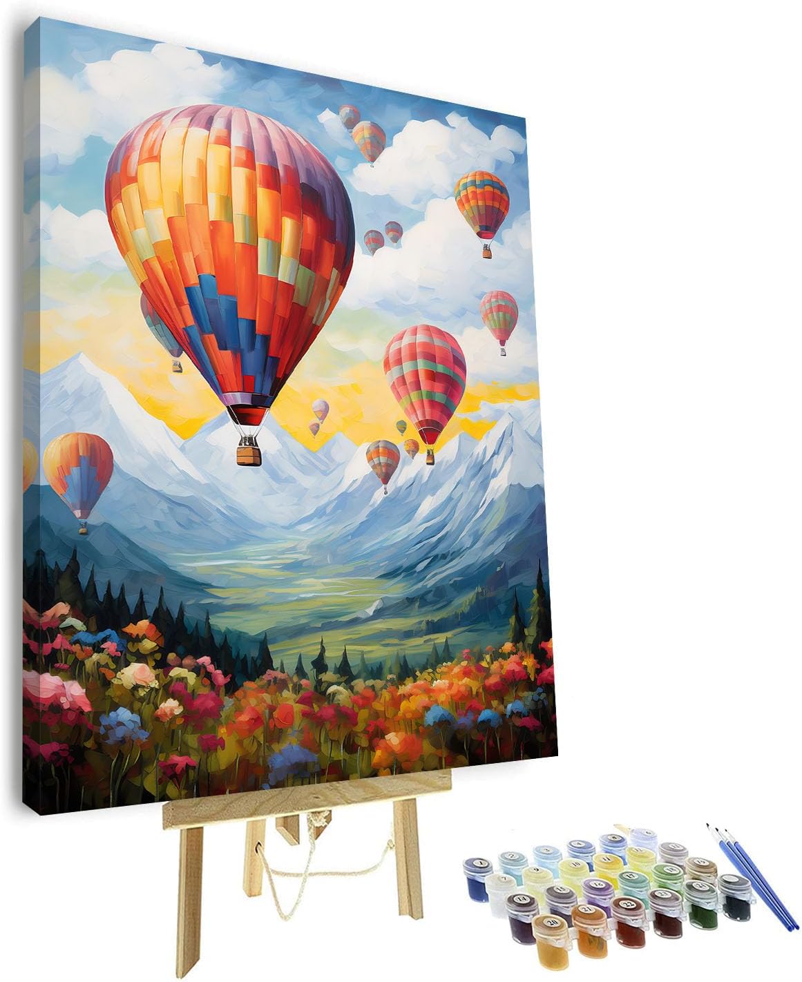 Adult Paint by Number Kits, Paint by Numbers Kit for Adults - Serene Mountain Landscape with Colorful Hot Air Balloons in The Sky, DIY Art Craft for Beginners, 16x20 Inch(Framed)