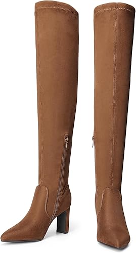 Miniatura 6 de DREAM PAIRS Botas altas hasta el muslo elásticas por encima de la rodilla para mujer, tacón alto grueso, punta puntiaguda, botas largas de otoño