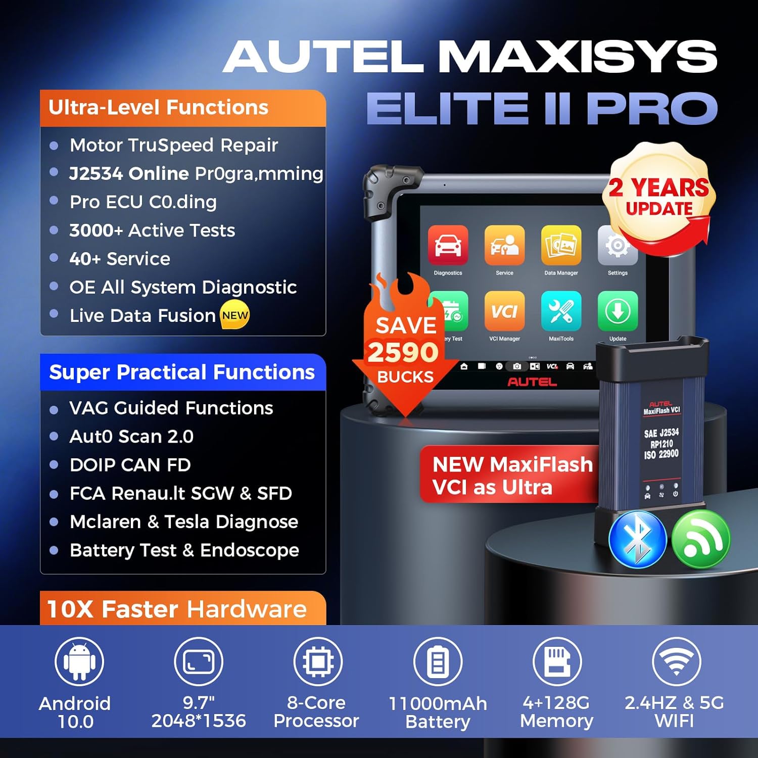 Autel Maxisys Elite 2 Pro Scanner, 2026 2-Year Free Update Elite II Pro,Same as MS Ultra MS908S PRO II, Motor TruSpeed Repair, 40+ Hot Services 3K+ Active Test, CANFD &DoIP