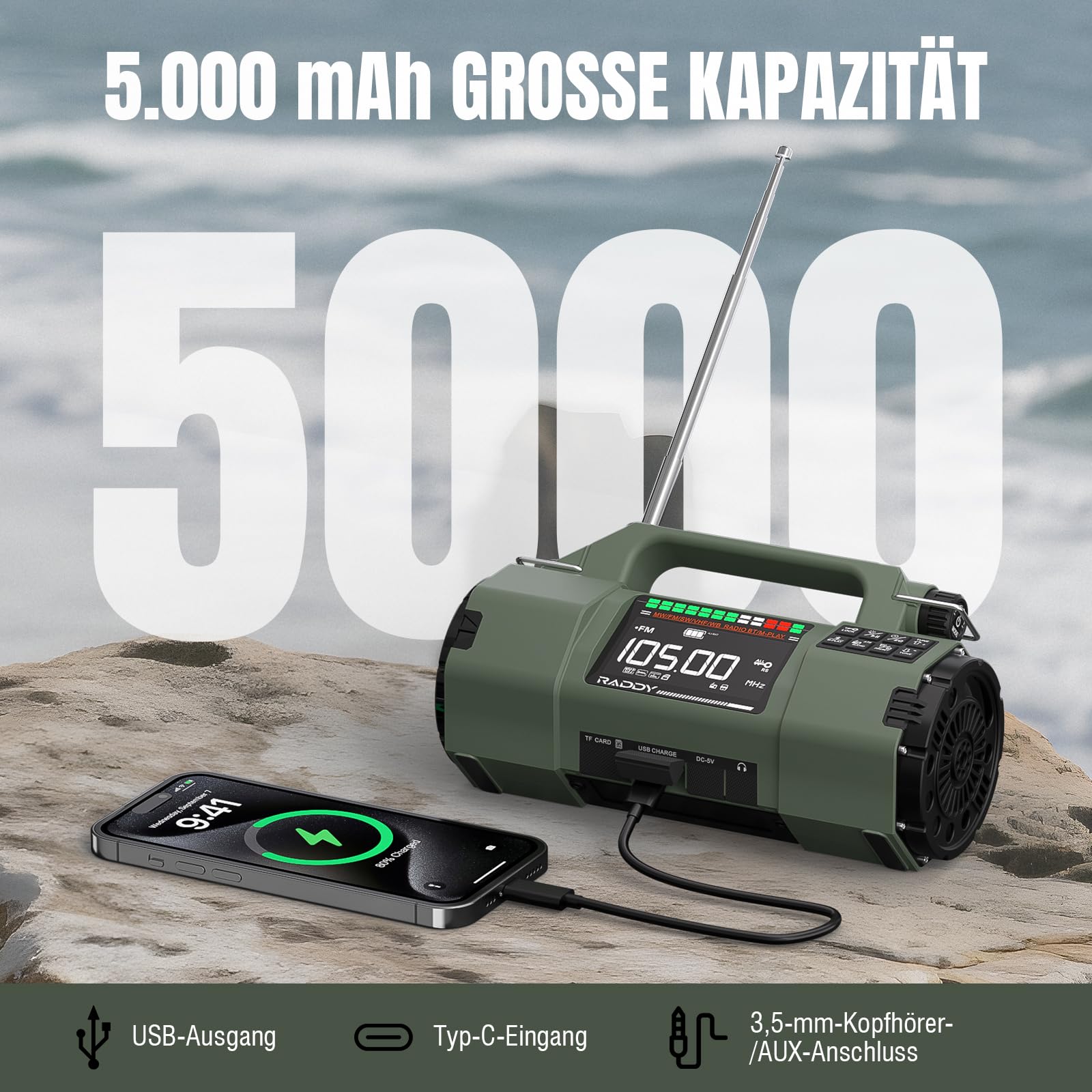 Raddy SH-907 radio awaryjne z kontrolą przez aplikację, radio na korbkę, słoneczne, ręczne, zakrzywione, odbiornik AM/FM/SW/VHF z wymienną baterią 5000 mAh, latarka, SOS, kompas na braki prądu