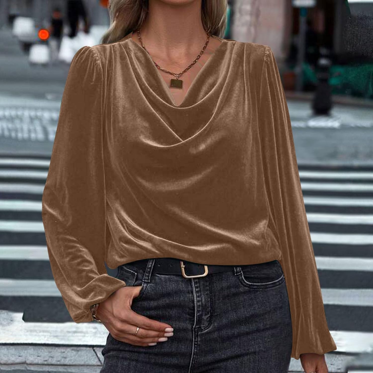 Vintage Velvet Tops for Women Sparkly Elegant Cowl Neck Long Sleeve Shirts Drape Ruched Front Dressy Casual Blouses