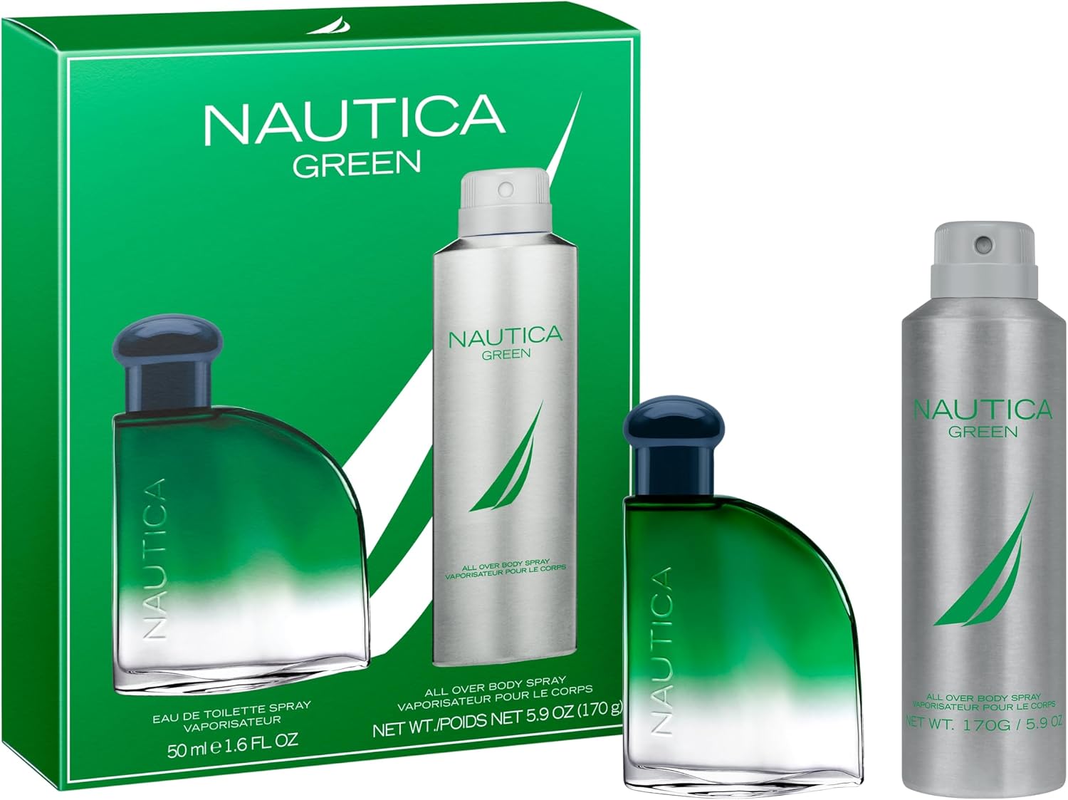 Nautica Color Green Giftset 1.7 fl oz EDT + 6 oz Deodorizing Body, Woody Fougere, Notes of Ginger, Geranium and Vetiver, Men's Duo Pack, Long Lasting, Everyday Fragrance