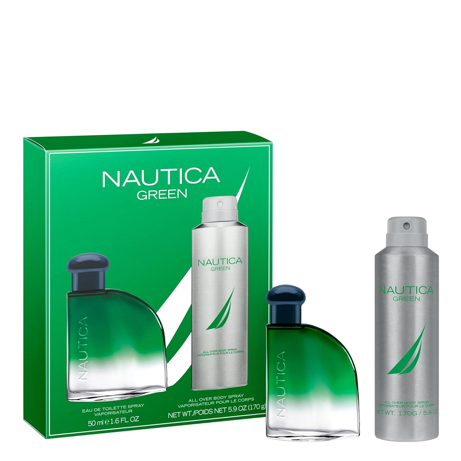 Nautica Color Green Giftset 1.7 fl oz EDT + 6 oz Deodorizing Body, Woody Fougere, Notes of Ginger, Geranium and Vetiver, Men's Duo Pack, Long Lasting, Everyday Fragrance