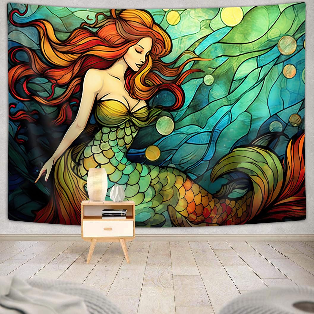 JAWO Mermaid Wall Hanging, Mermaid in Shell Mandala Teen Girl Wall Art for Bedroom College Dorm, Underwater World Teal Tapestry Home Decor 60x40