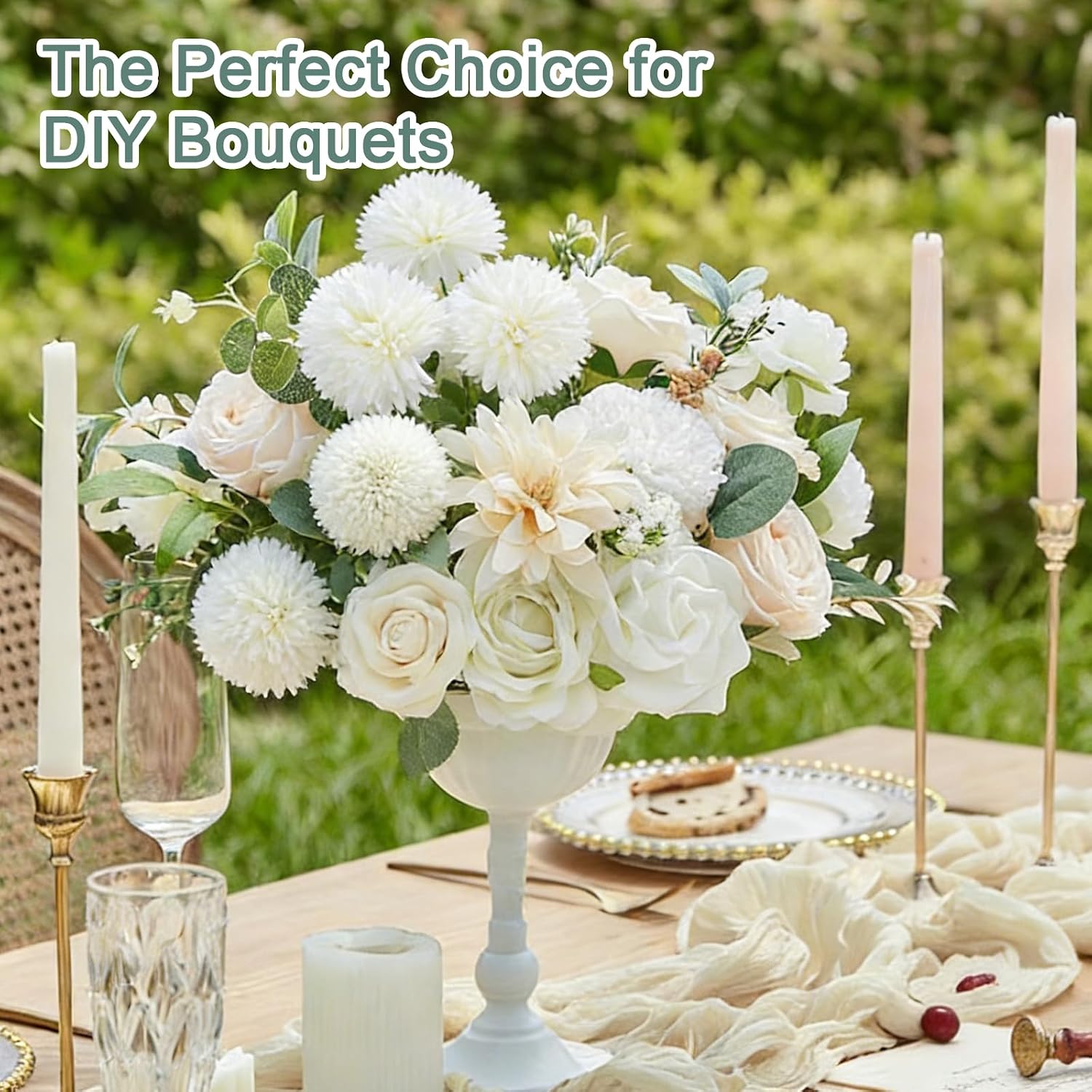 50Pcs Artificial Chrysanthemum Ball Flowers Silk White Artificial Flowers with 40Pcs Stems Foam Fake Flowers Bulk for DIY Wedding Bouquets Bridal Shower Centerpieces Floral Arrangements Party